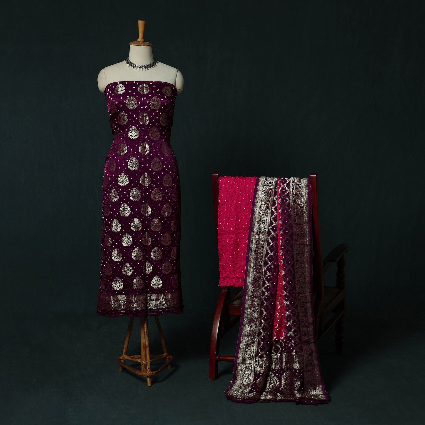 Kutch Bandhani Tie-Dye Modal Silk Banarasi Zari 3pc Unstitched Dress Material Suit Set 07