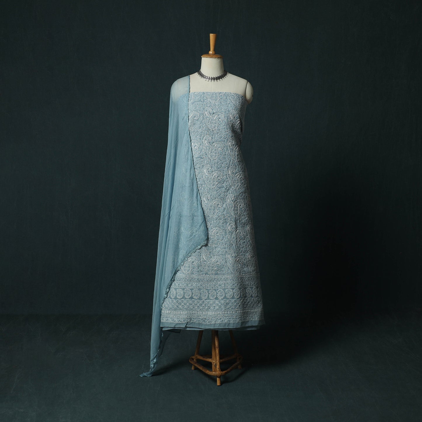 Blue - Lucknowi Chikankari Hand Embroidered Cotton 3pc Unstitched Dress Material Suit Set 07