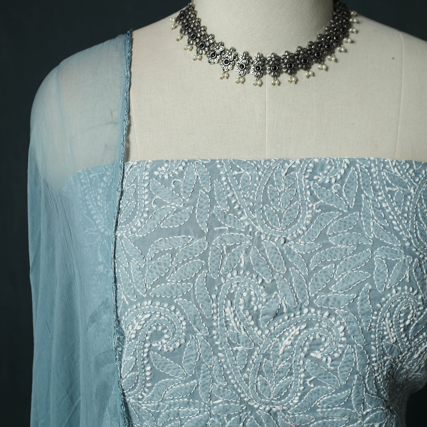 Blue - Lucknowi Chikankari Hand Embroidered Cotton 3pc Unstitched Dress Material Suit Set 07