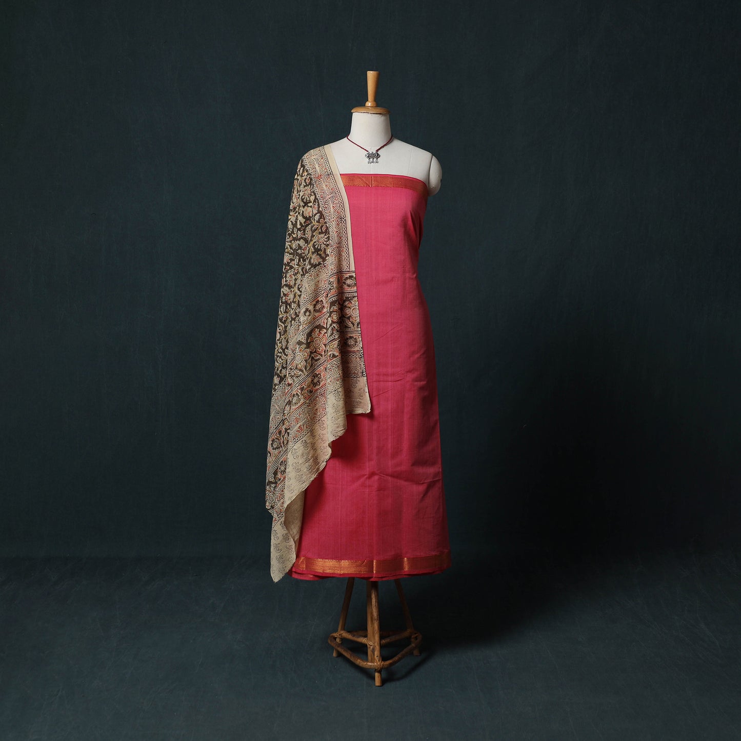 Mangalagiri Handwoven 2pc Cotton Unstitched Dress Material Kurta Set with Jewellery 04
