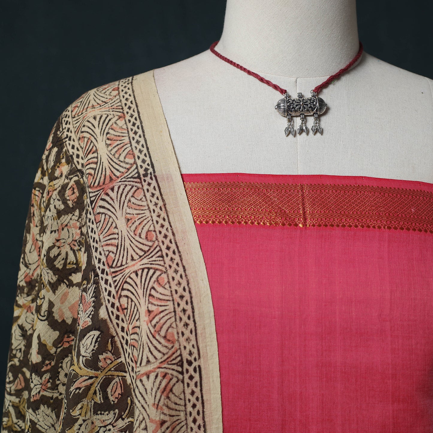 Mangalagiri Handwoven 2pc Cotton Unstitched Dress Material Kurta Set with Jewellery 04