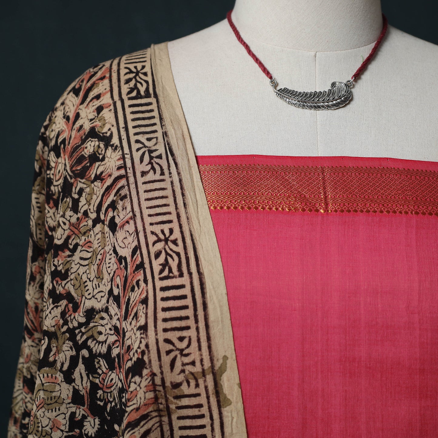 Mangalagiri Handwoven 2pc Cotton Unstitched Dress Material Kurta Set with Jewellery 05