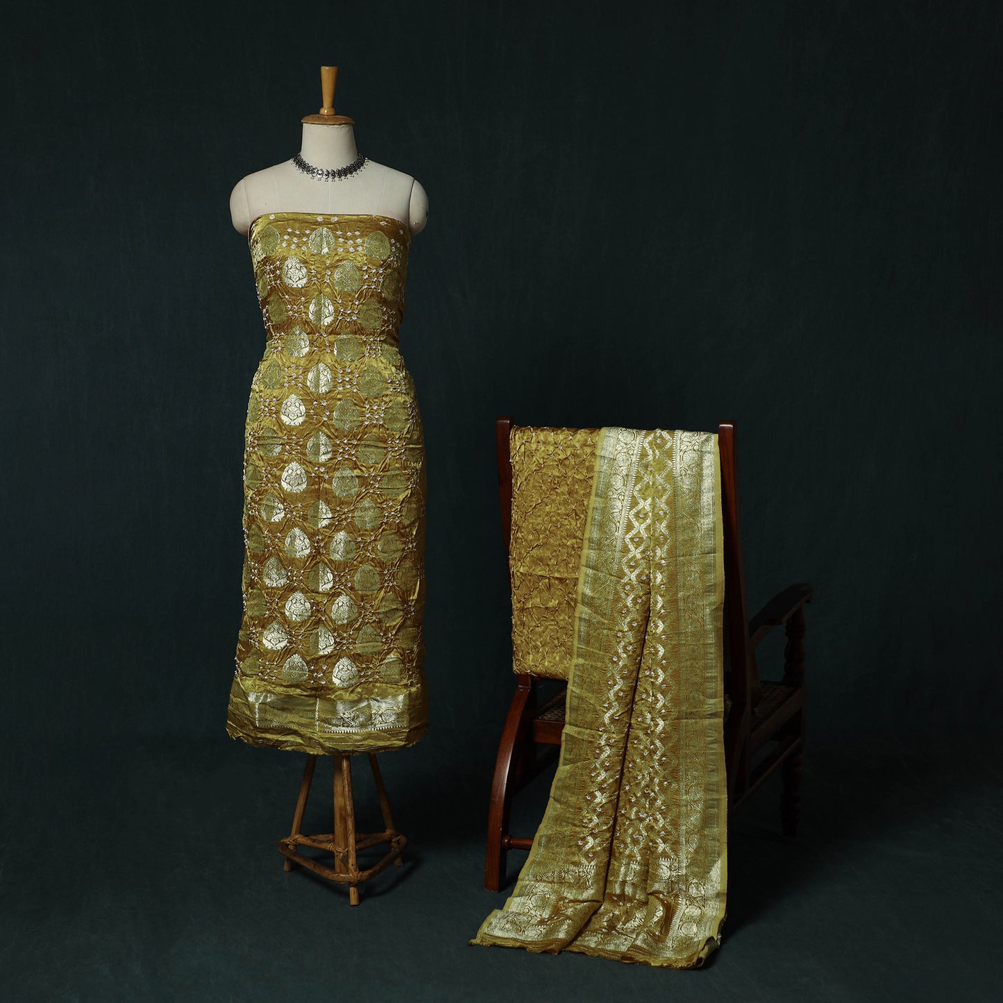 Kutch Bandhani Tie-Dye Modal Silk Banarasi Zari 3pc Unstitched Dress Material Suit Set 12
