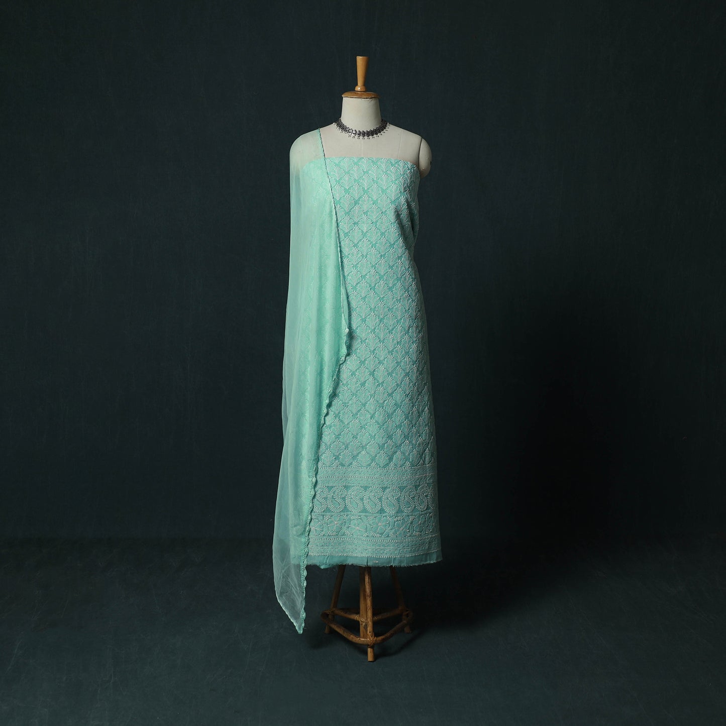 Blue - Lucknowi Chikankari Hand Embroidered Cotton 3pc Unstitched Dress Material Suit Set 10