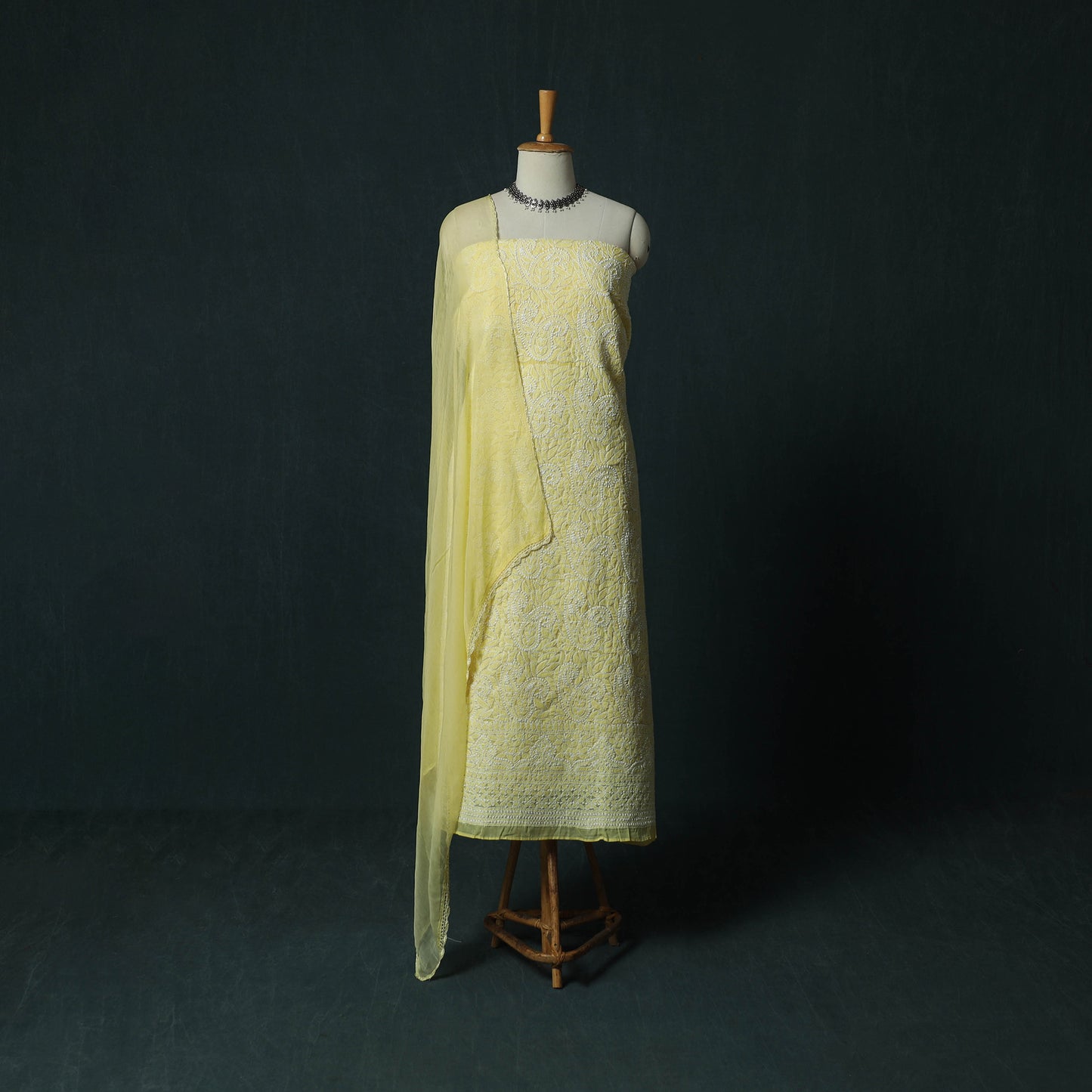 Yellow - Lucknowi Chikankari Hand Embroidered Cotton 3pc Unstitched Dress Material Suit Set 11