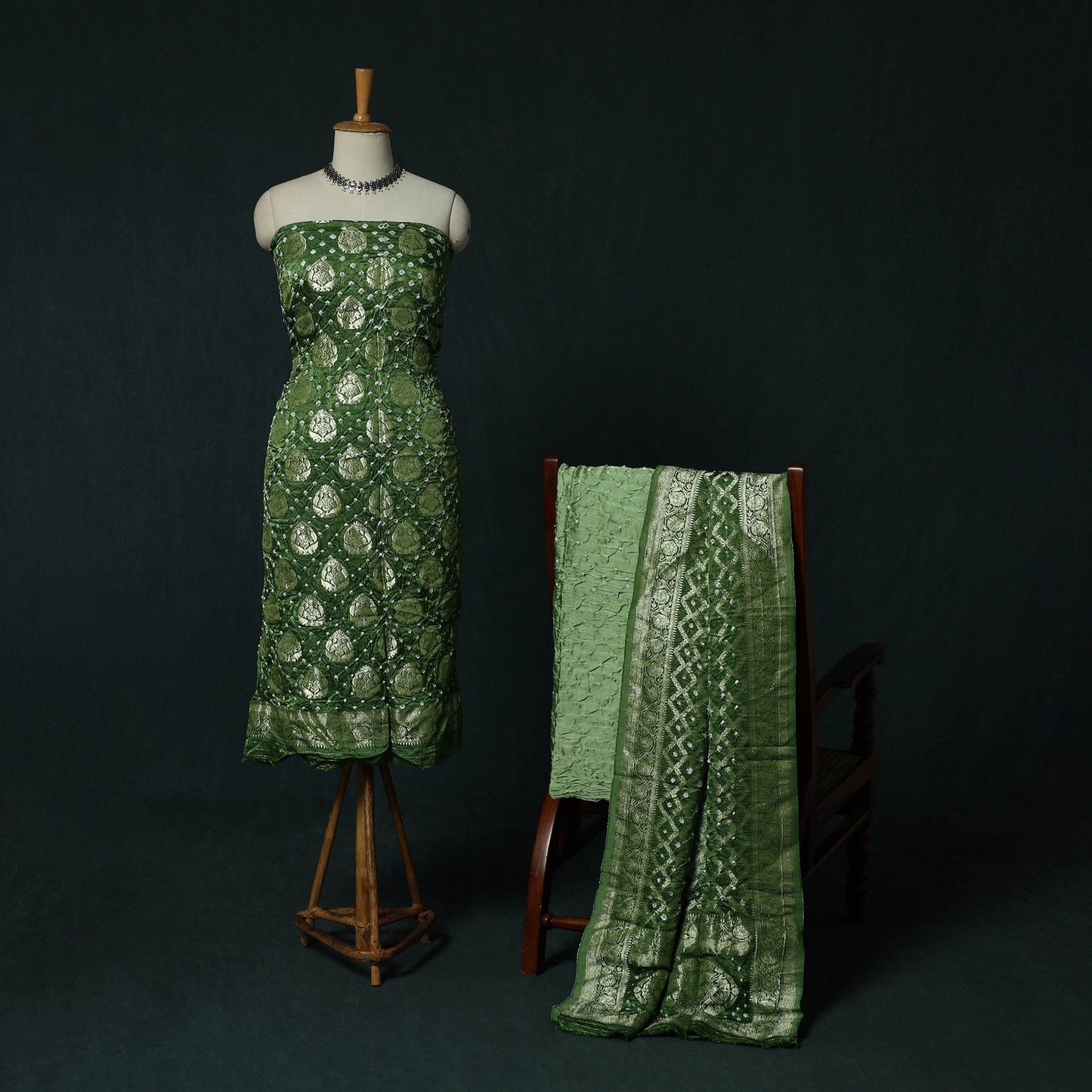 Kutch Bandhani Tie-Dye Modal Silk Banarasi Zari 3pc Unstitched Dress Material Suit Set 14