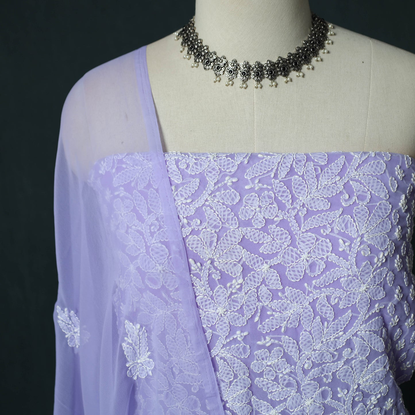 Purple - ucknowi Chikankari Hand Embroidered Georgette 3pc Unstitched Dress Material Suit Set 12