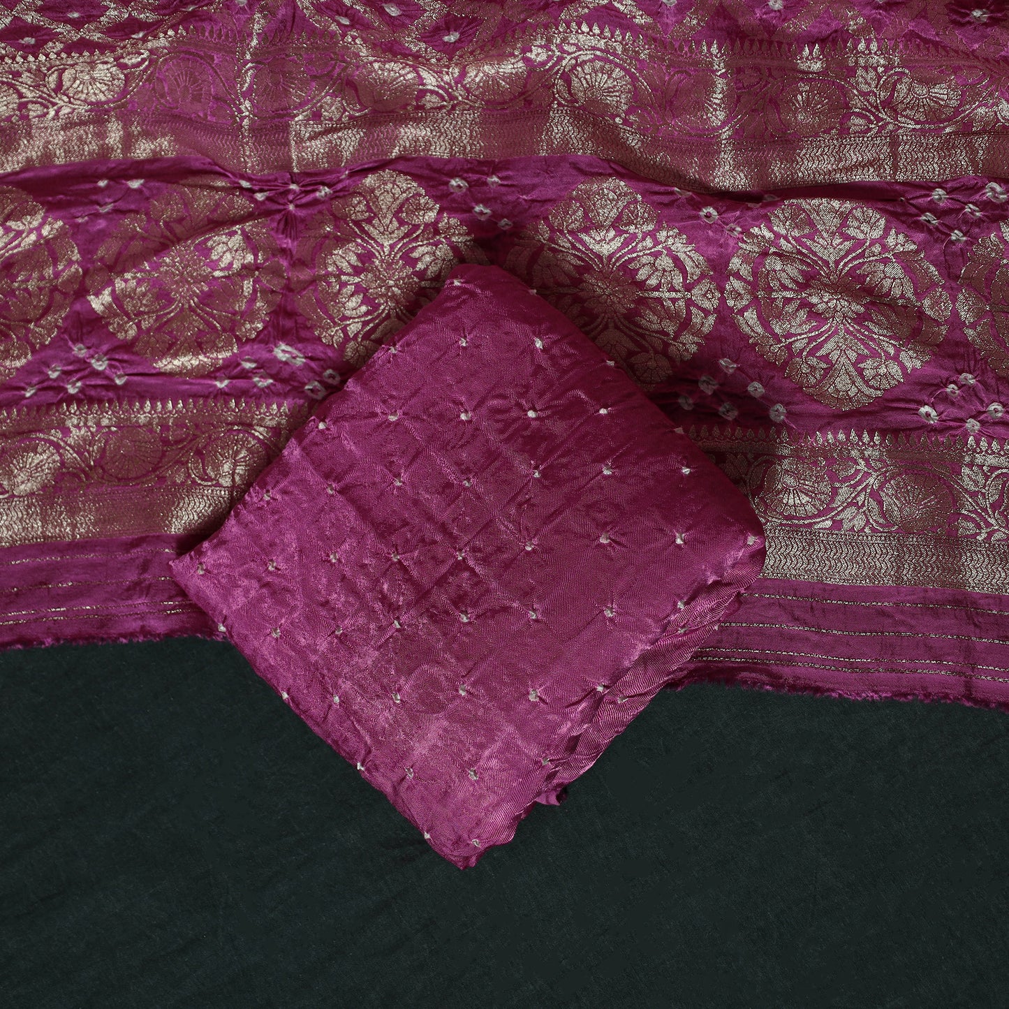 Kutch Bandhani Tie-Dye Modal Silk Banarasi Zari 3pc Unstitched Dress Material Suit Set 15