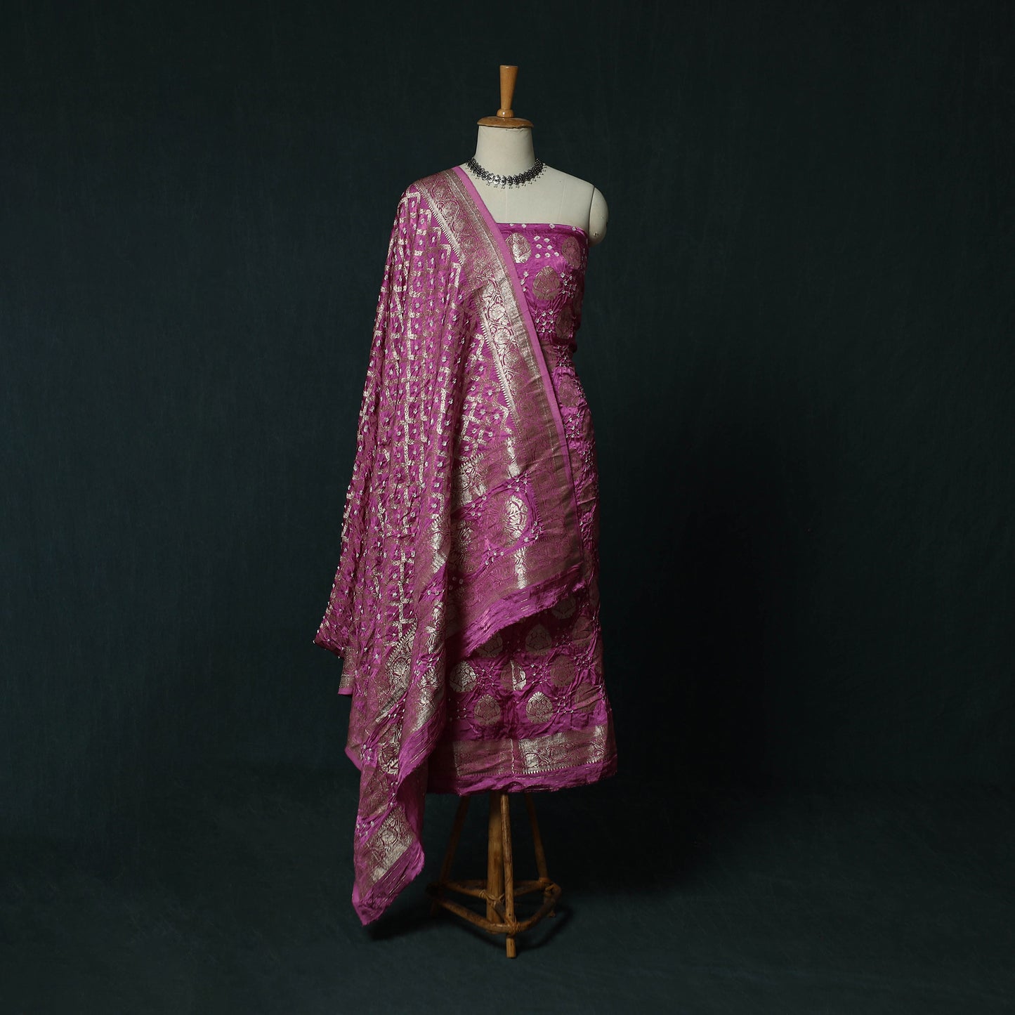 Kutch Bandhani Tie-Dye Modal Silk Banarasi Zari 3pc Unstitched Dress Material Suit Set 15
