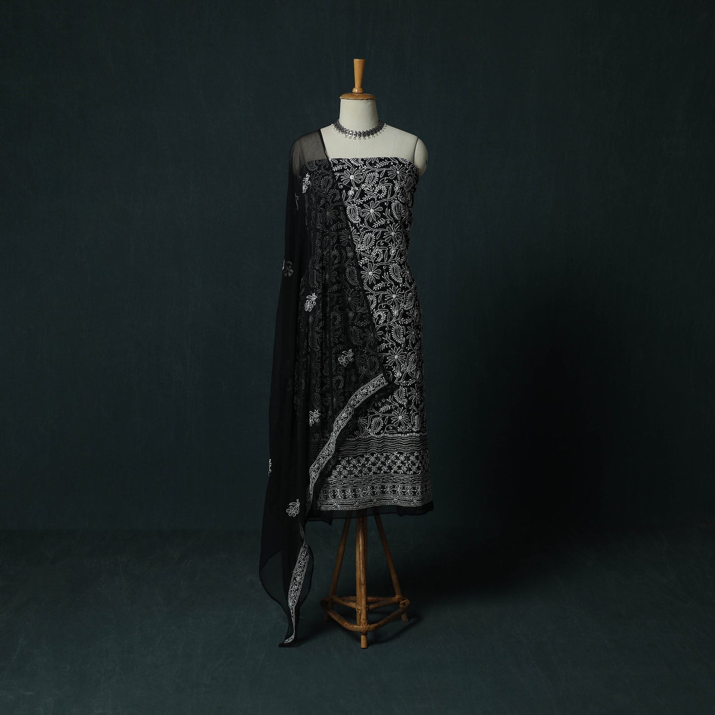 Black - Lucknowi Chikankari Hand Embroidered Georgette 3pc Unstitched Dress Material Suit Set 13