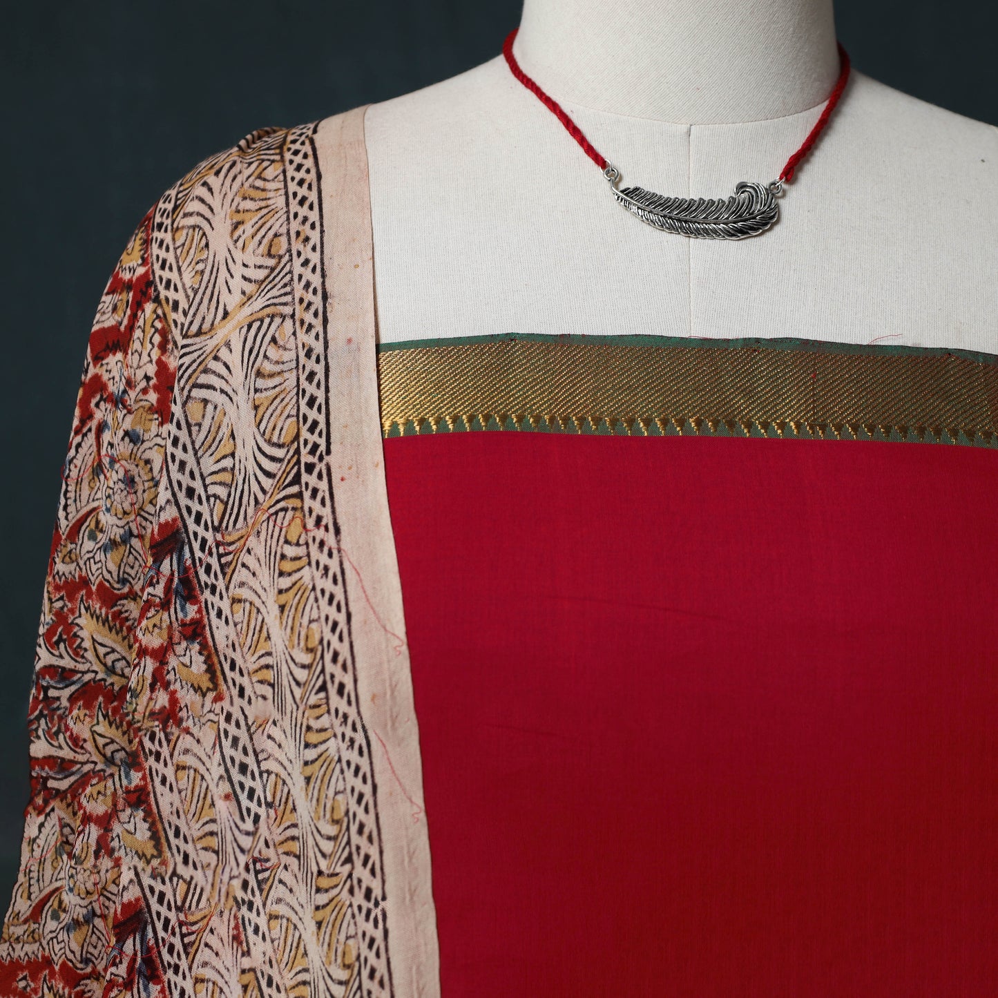 Mangalagiri Handwoven 2pc Cotton Unstitched Dress Material Kurta Set with Jewellery 09