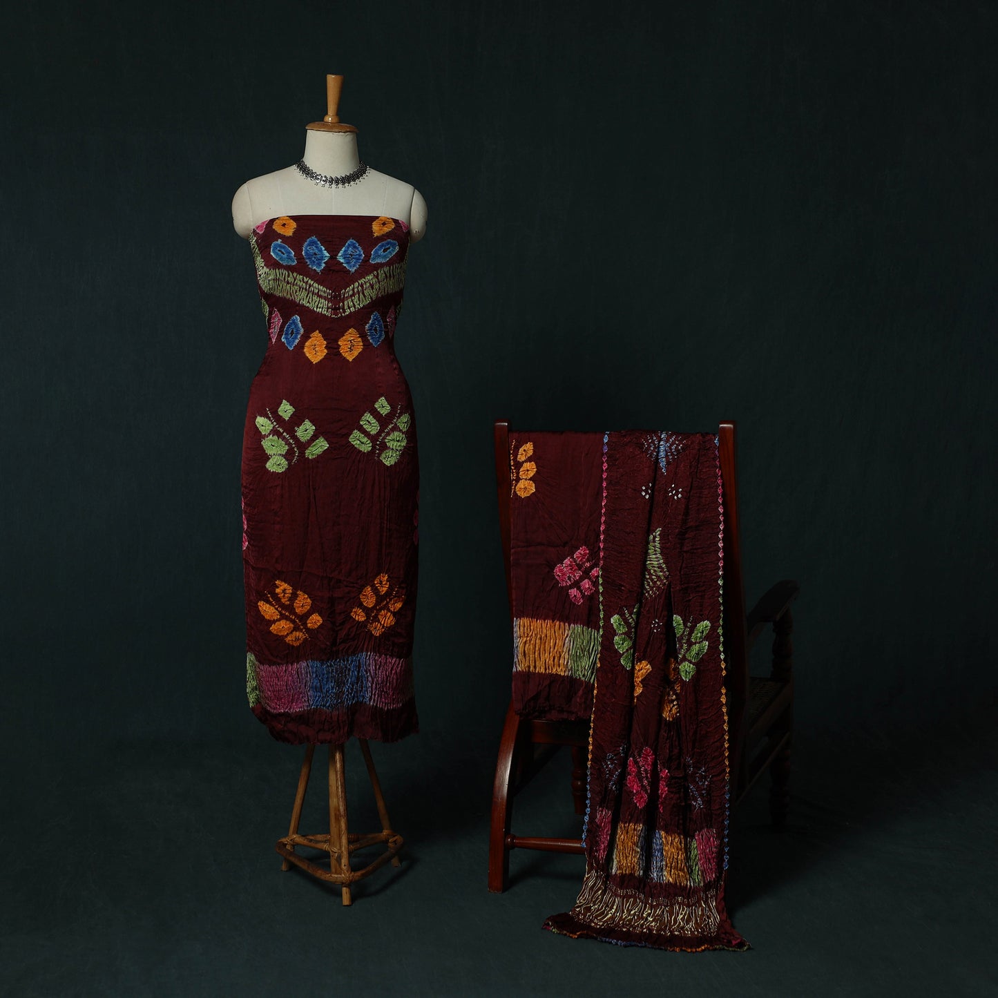 Kutch Bandhani Shibori Tie-Dye Modal Silk 3pc Unstitched Dress Material Suit Set 17