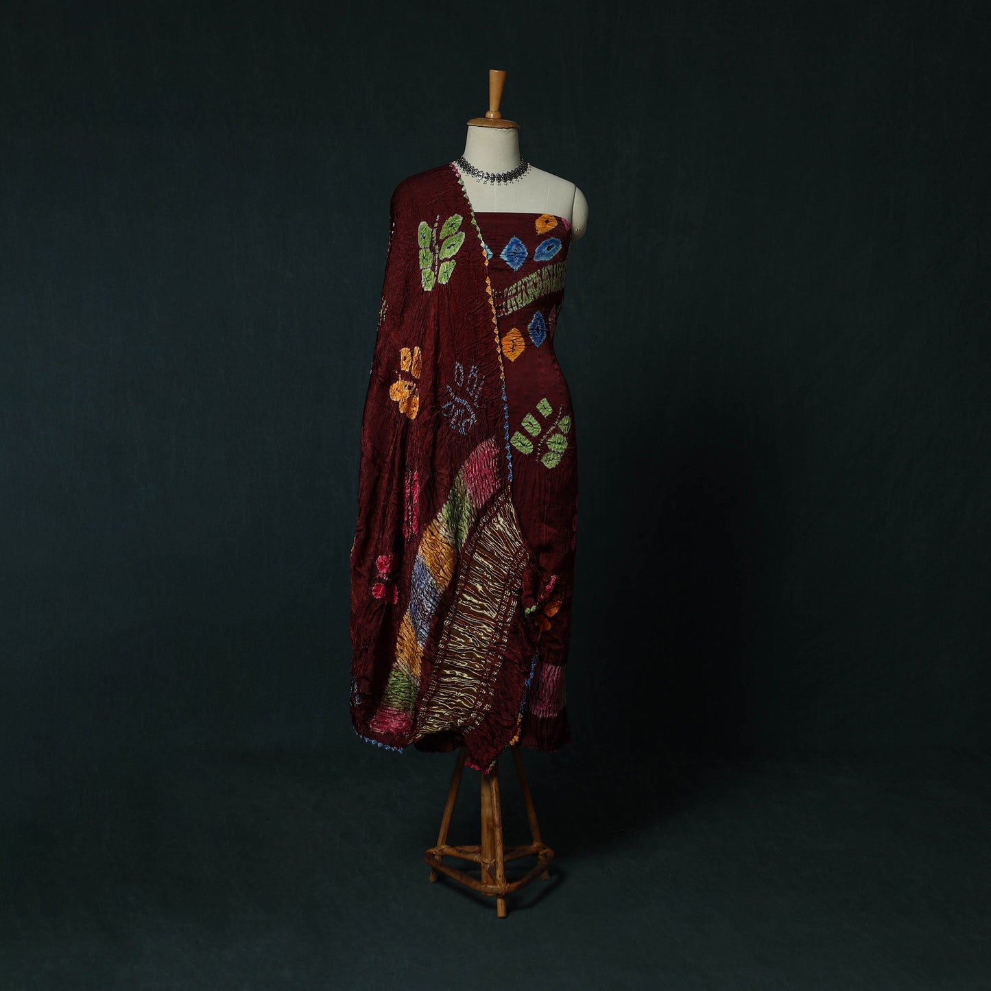 Kutch Bandhani Shibori Tie-Dye Modal Silk 3pc Unstitched Dress Material Suit Set 17