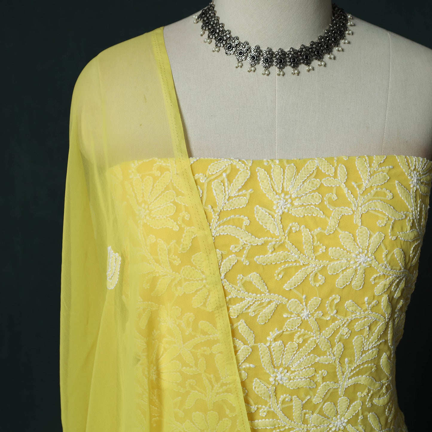 Yellow - Lucknowi Chikankari Hand Embroidered Georgette 3pc Unstitched Dress Material Suit Set 16