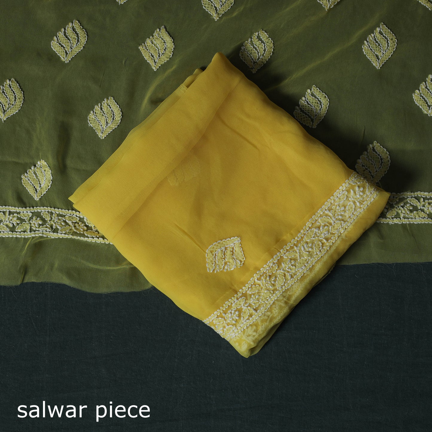Yellow - Lucknowi Chikankari Hand Embroidered Georgette 3pc Unstitched Dress Material Suit Set 16