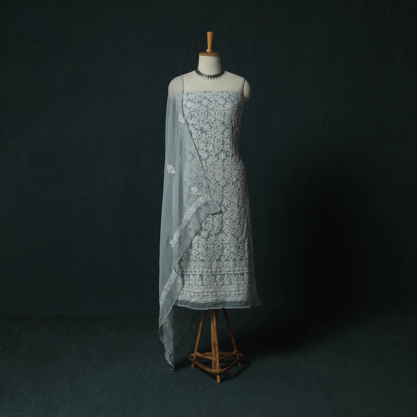 Grey - Gray - Lucknowi Chikankari Hand Embroidered Georgette 3pc Unstitched Dress Material Suit Set 17