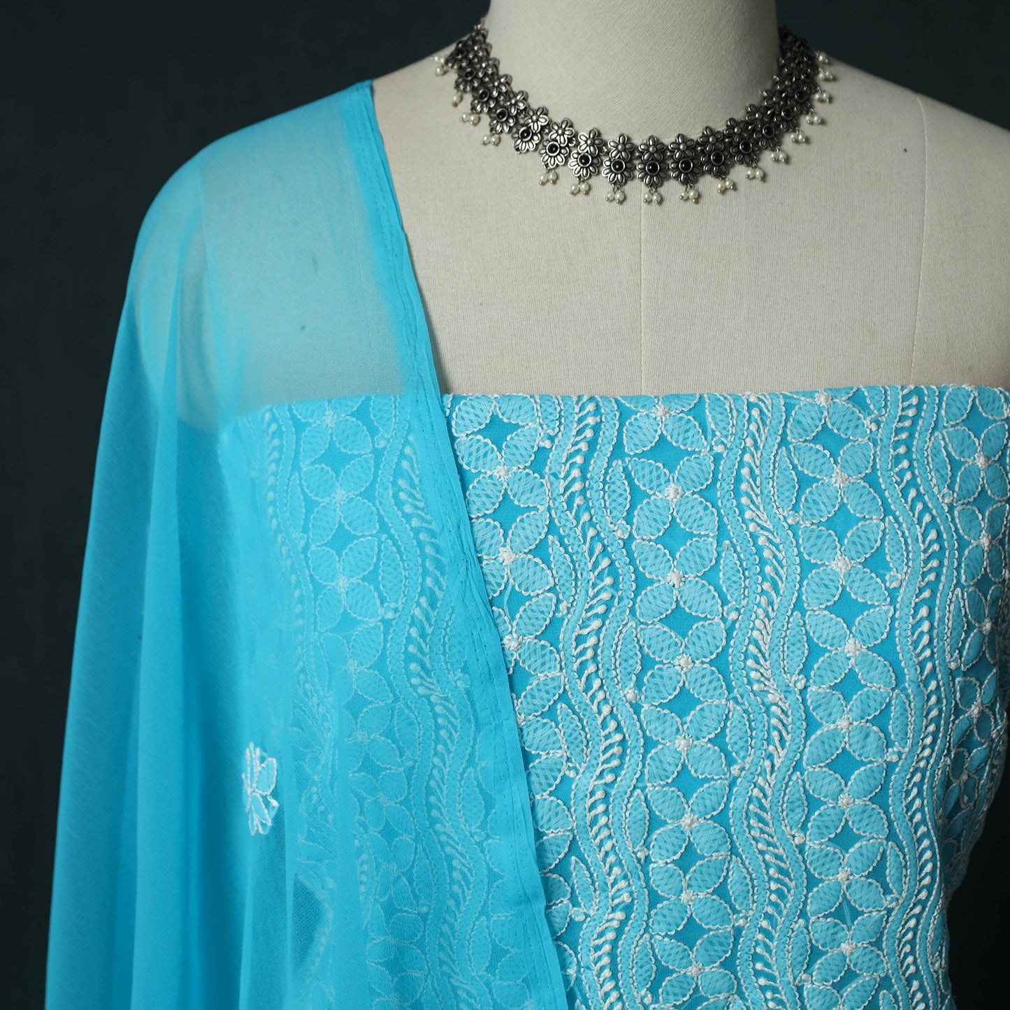Blue - Lucknowi Chikankari Hand Embroidered Georgette 3pc Unstitched Dress Material Suit Set 18