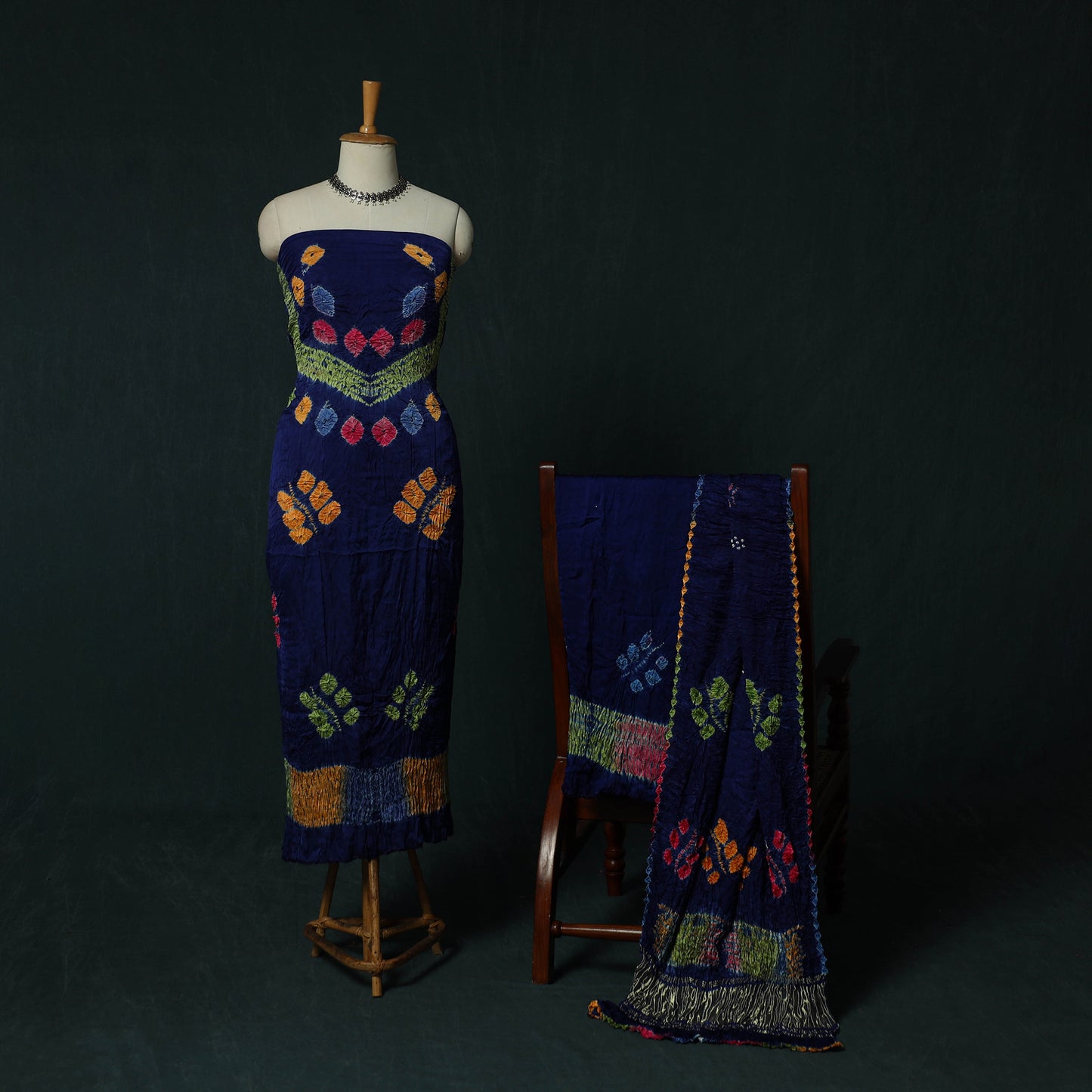 Kutch Bandhani Shibori Tie-Dye Modal Silk 3pc Unstitched Dress Material Suit Set 22