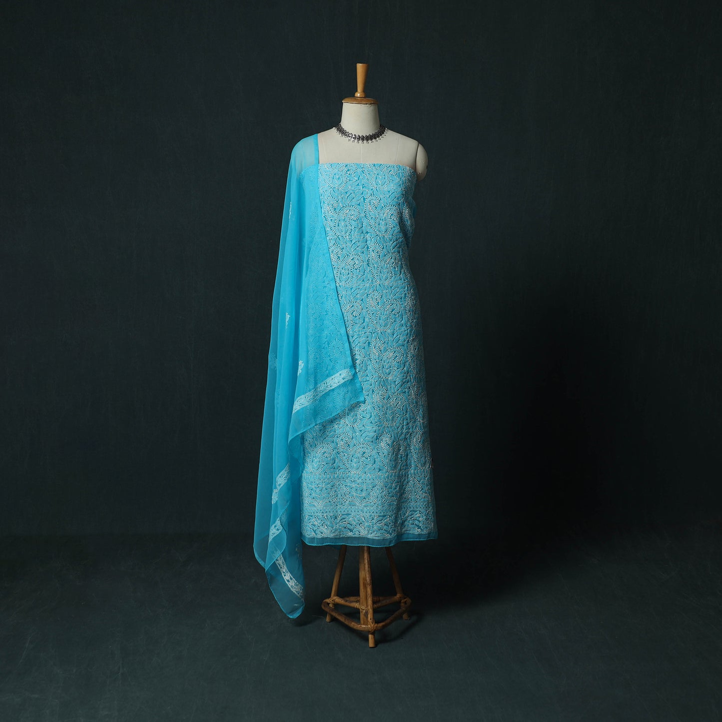 Blue - Lucknowi Chikankari Hand Embroidered Georgette 3pc Unstitched Dress Material Suit Set 19