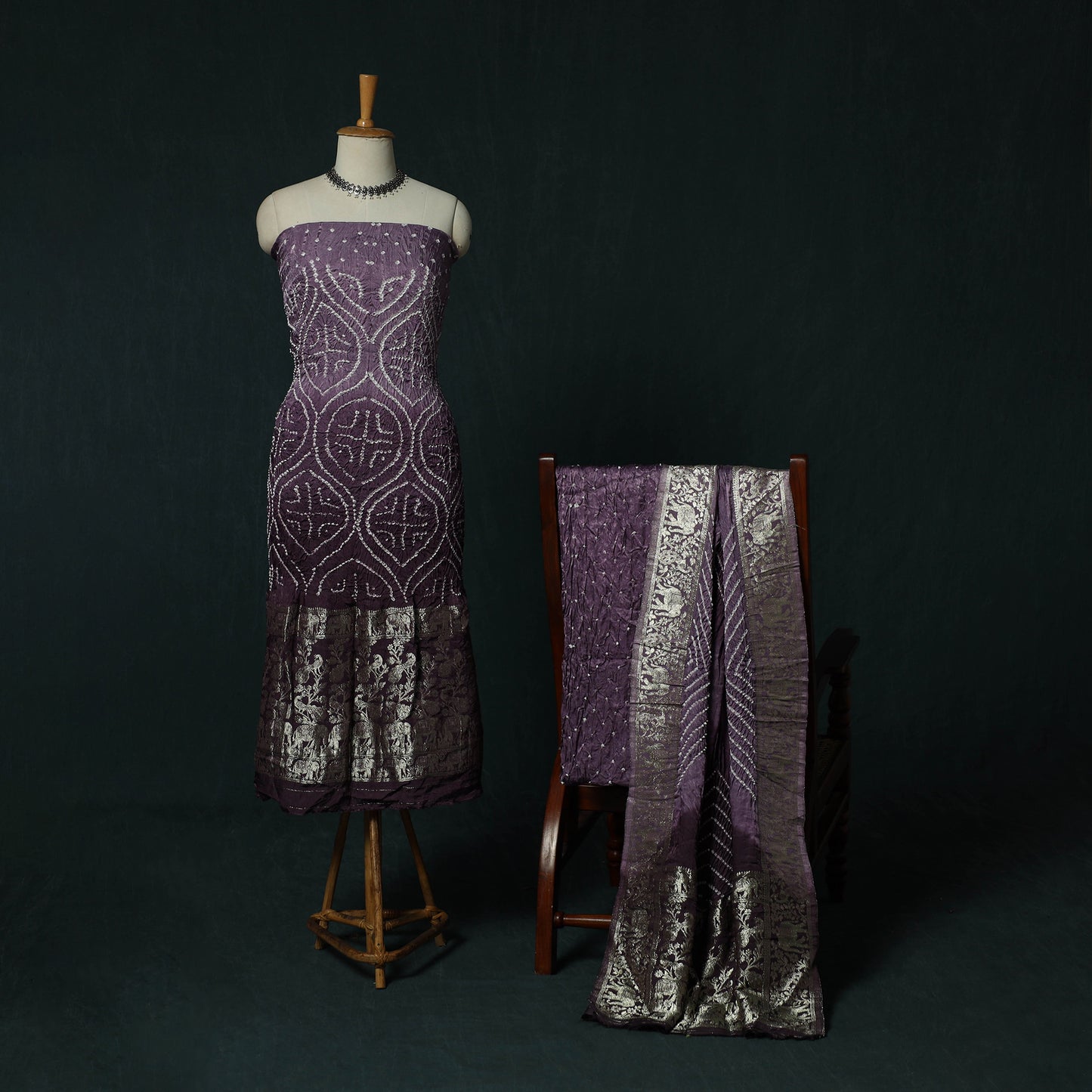 Kutch Bandhani Tie-Dye Modal Silk Heavy Banarasi Zari 3pc Unstitched Dress Material Suit Set 38