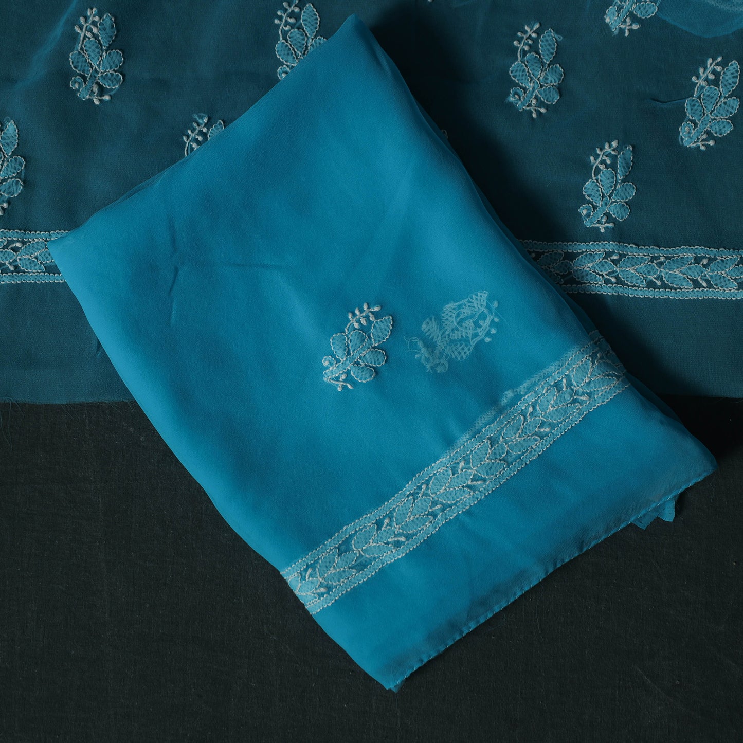 Blue - Lucknowi Chikankari Hand Embroidered Georgette 3pc Unstitched Dress Material Suit Set 19