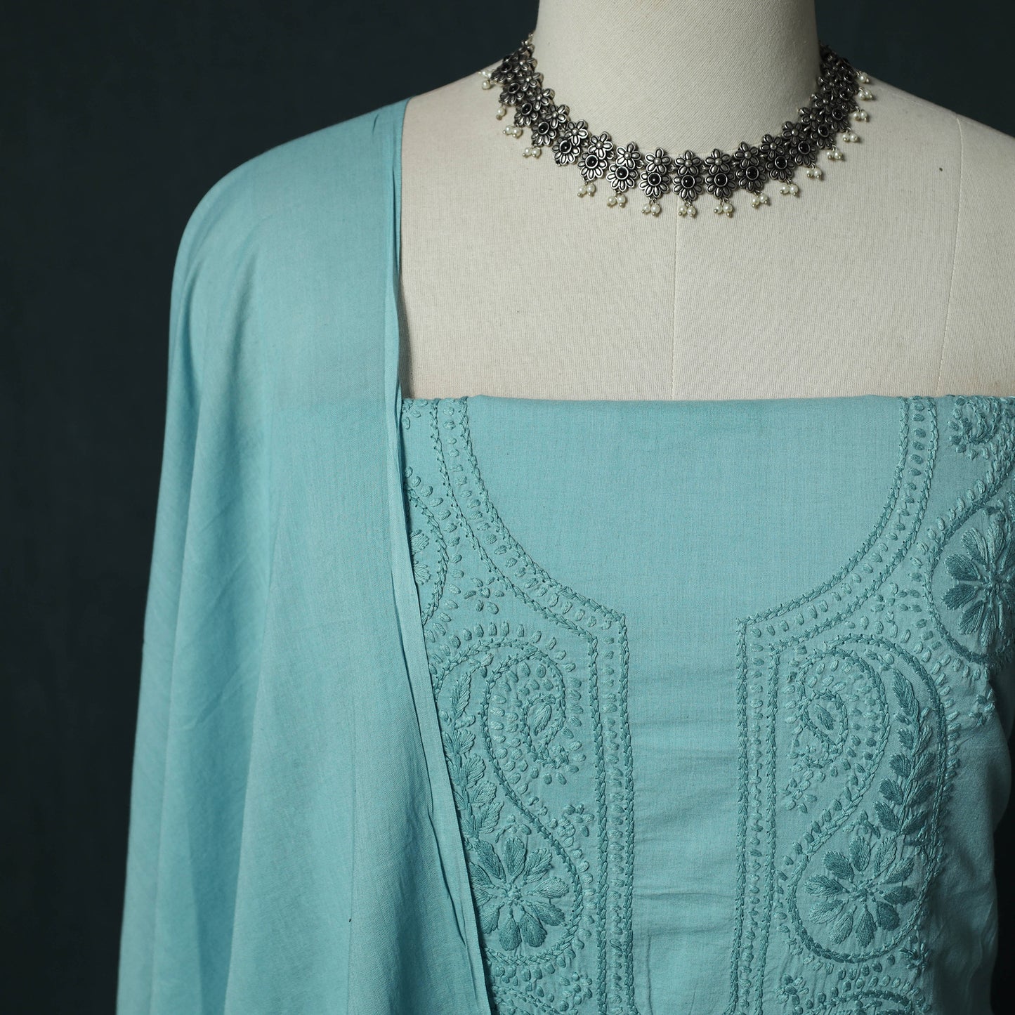 Blue - Lucknowi Chikankari Hand Embroidered Cotton 3pc Unstitched Dress Material Suit Set 22