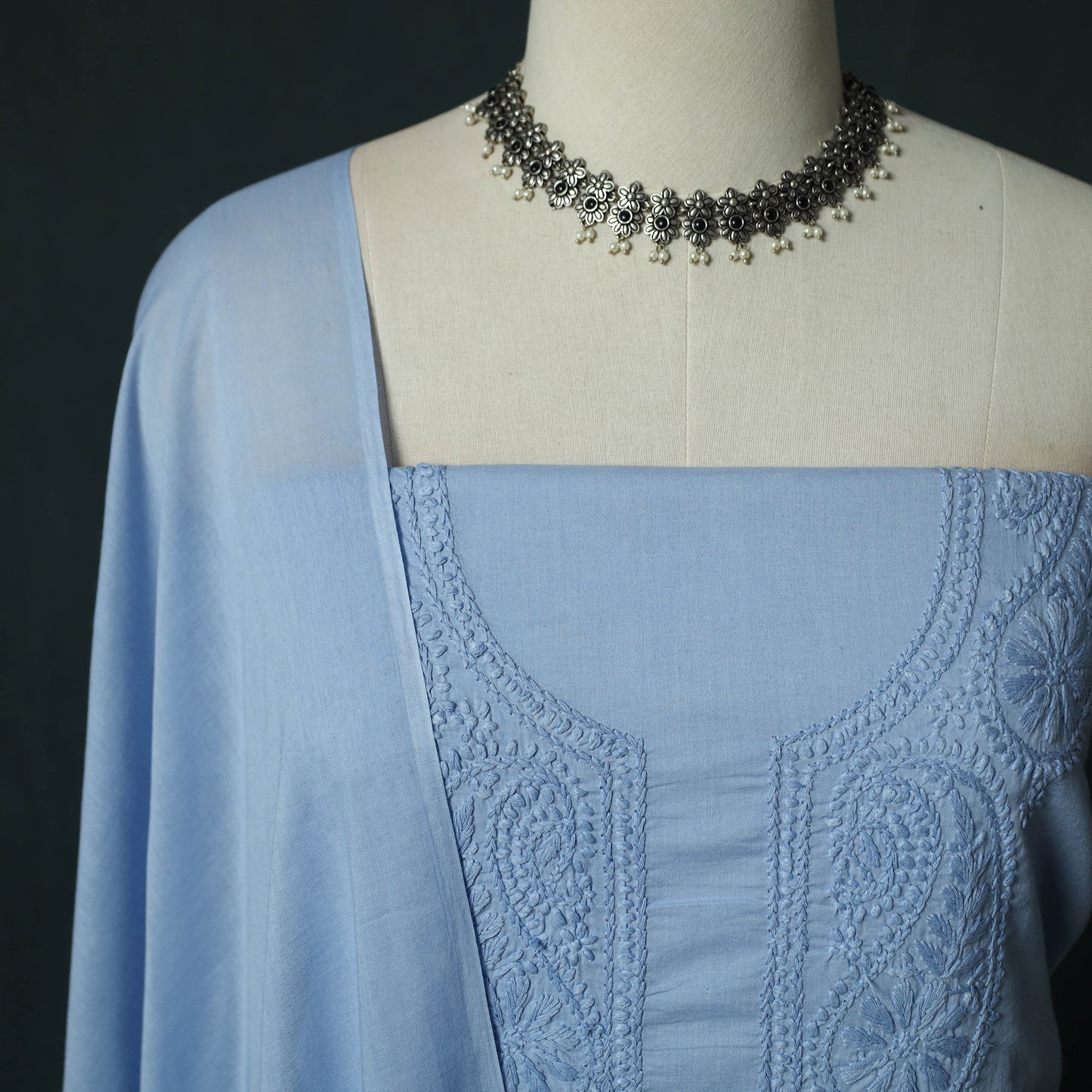 Blue - Lucknowi Chikankari Hand Embroidered Cotton 3pc Unstitched Dress Material Suit Set 23