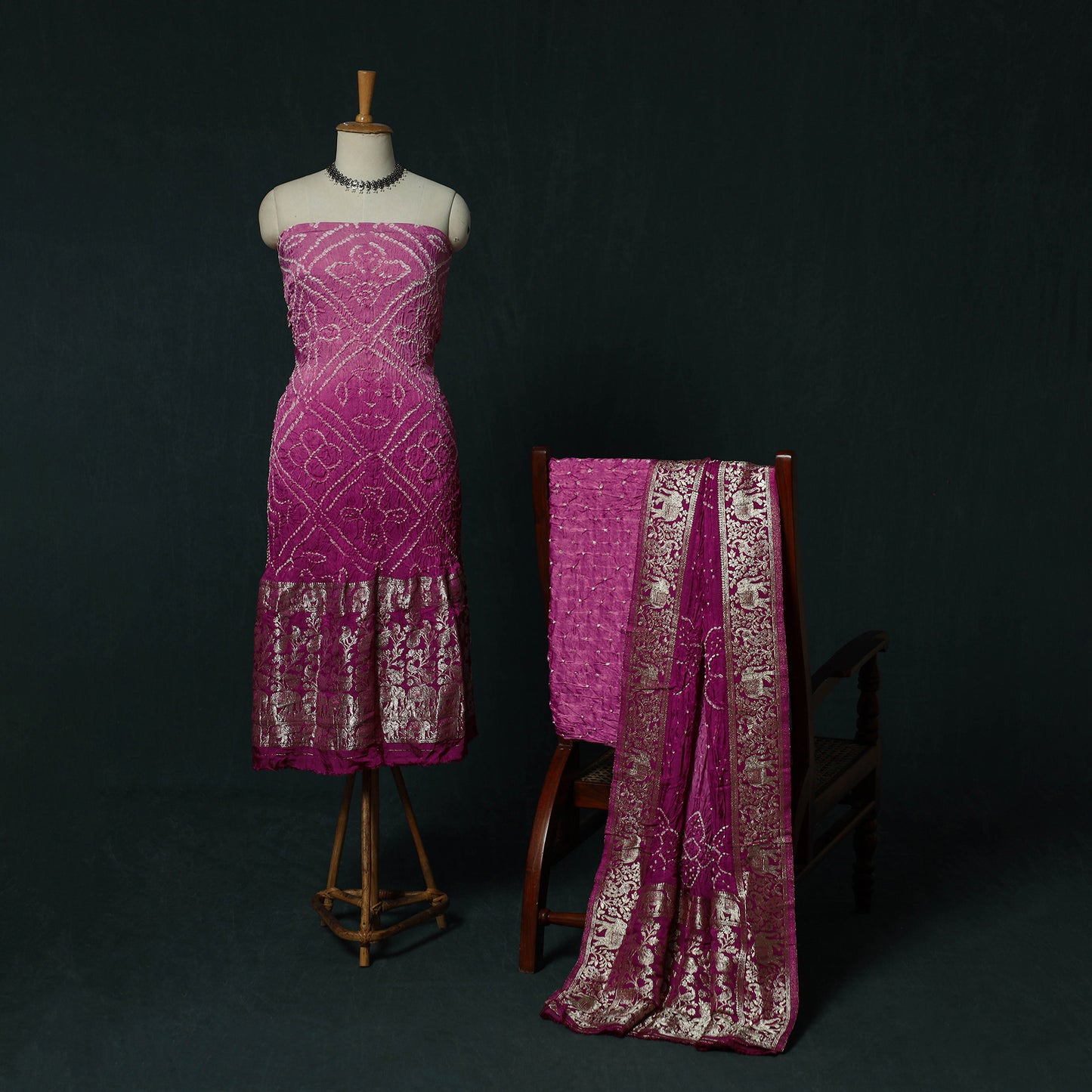 Kutch Bandhani Tie-Dye Modal Silk Heavy Banarasi Zari 3pc Unstitched Dress Material Suit Set 41