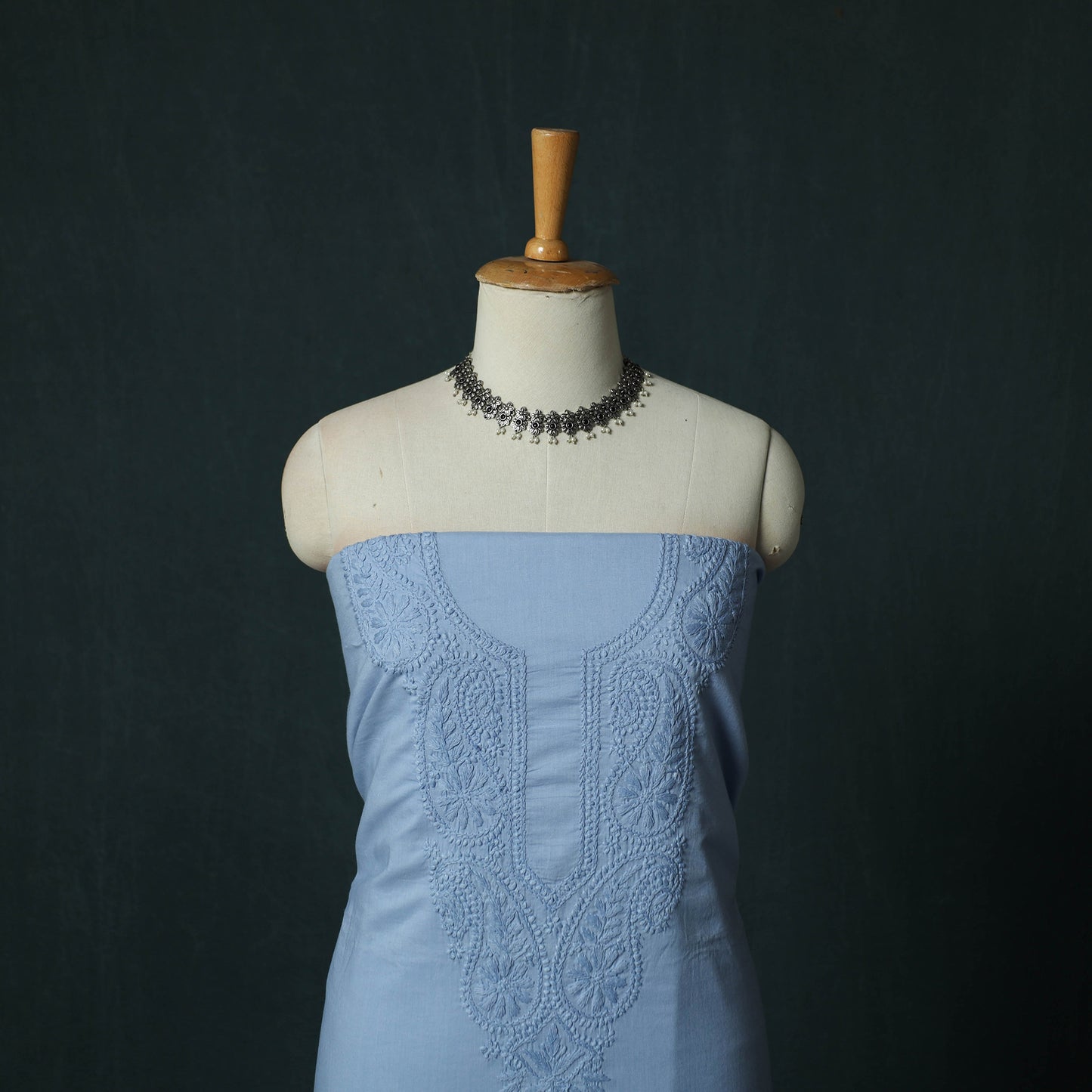 Blue - Lucknowi Chikankari Hand Embroidered Cotton 3pc Unstitched Dress Material Suit Set 23