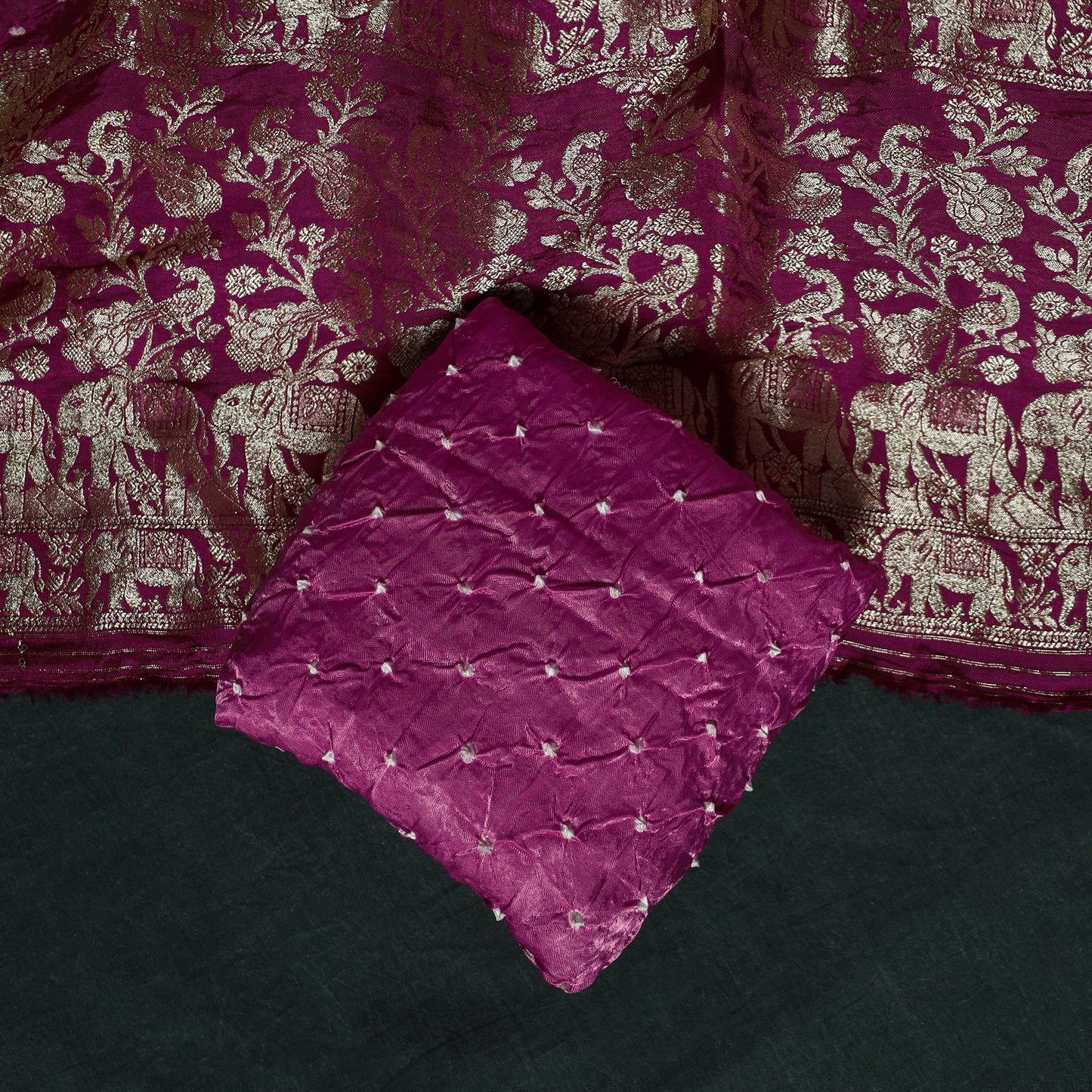 Kutch Bandhani Tie-Dye Modal Silk Heavy Banarasi Zari 3pc Unstitched Dress Material Suit Set 41