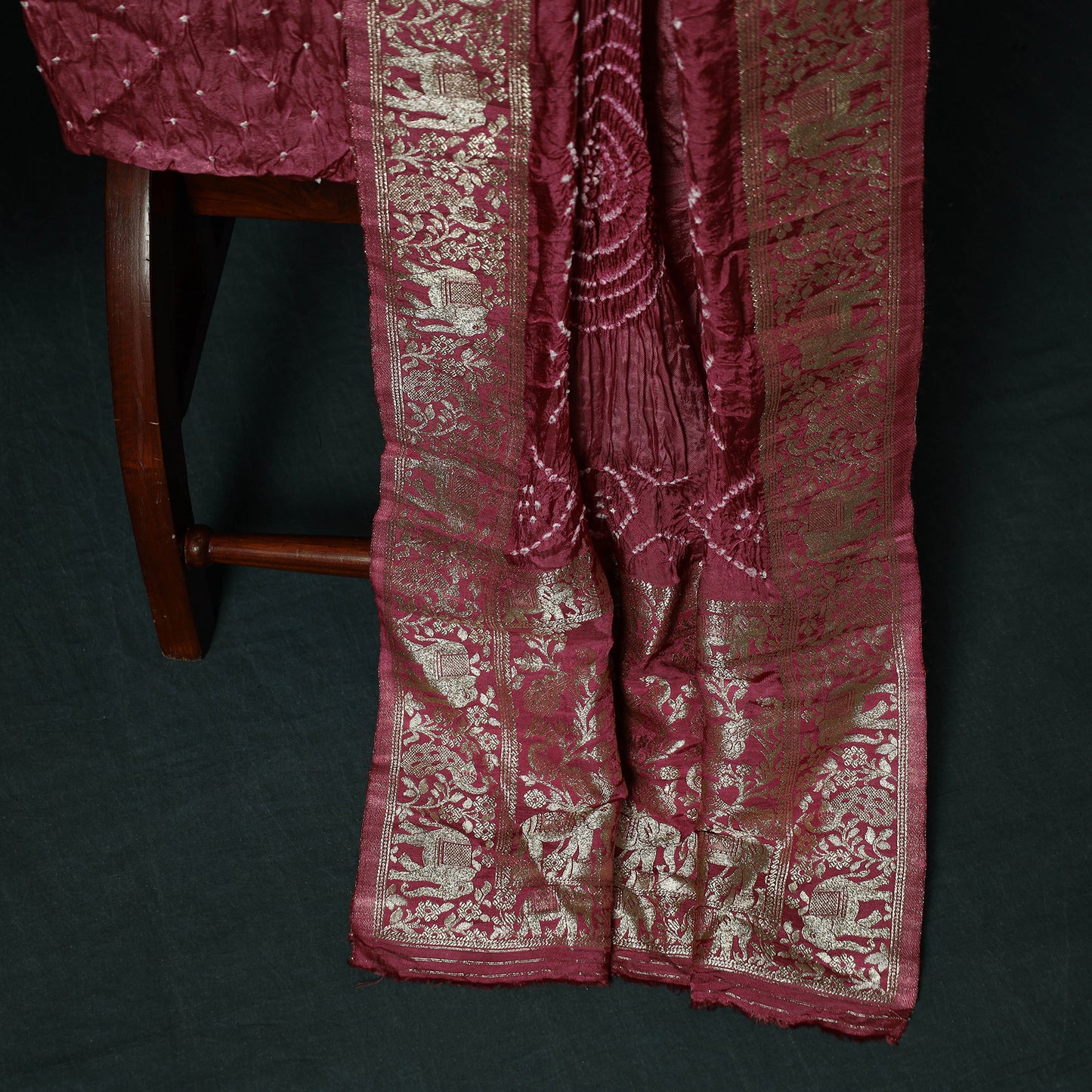 Kutch Bandhani Tie-Dye Modal Silk Heavy Banarasi Zari 3pc Unstitched Dress Material Suit Set 42