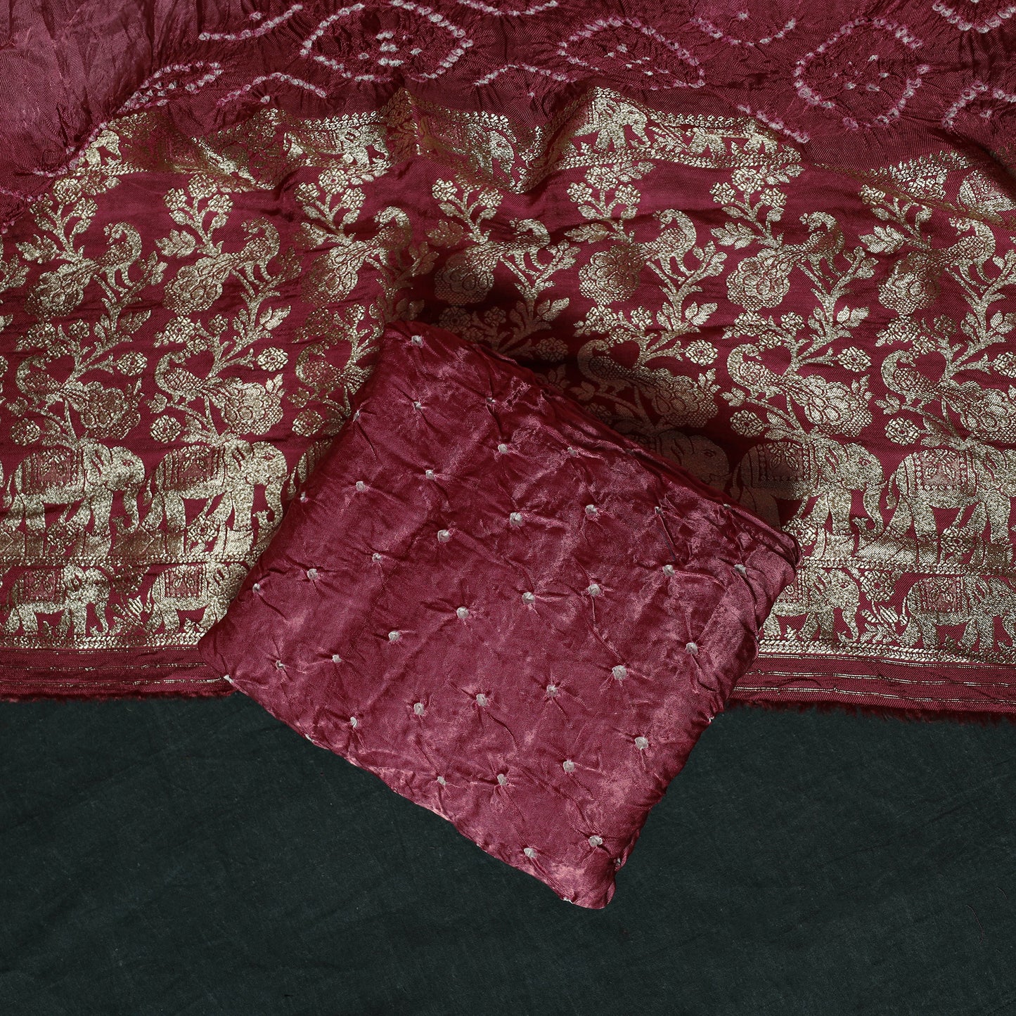 Kutch Bandhani Tie-Dye Modal Silk Heavy Banarasi Zari 3pc Unstitched Dress Material Suit Set 42