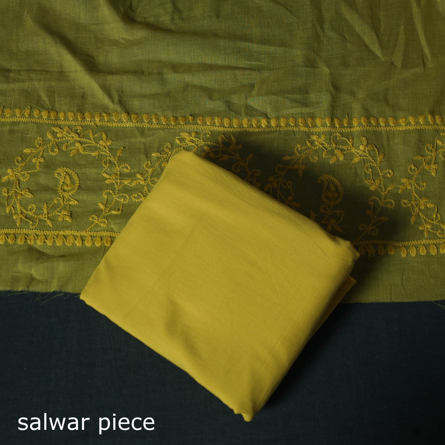 Yellow - Lucknowi Chikankari Hand Embroidered Cotton 3pc Unstitched Dress Material Suit Set 24