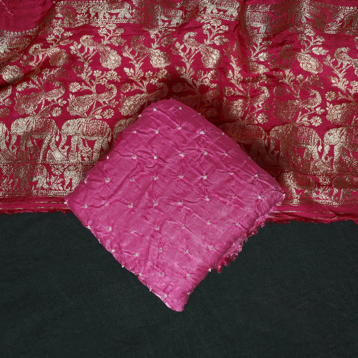 Kutch Bandhani Tie-Dye Modal Silk Heavy Banarasi Zari 3pc Unstitched Dress Material Suit Set 43