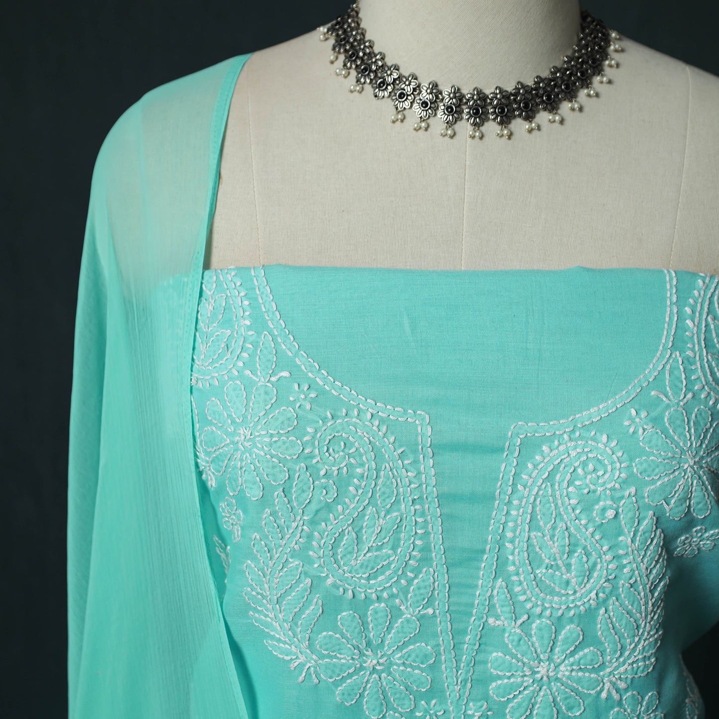 Blue - Lucknowi Chikankari Hand Embroidered Cotton 3pc Unstitched Dress Material Suit Set 28