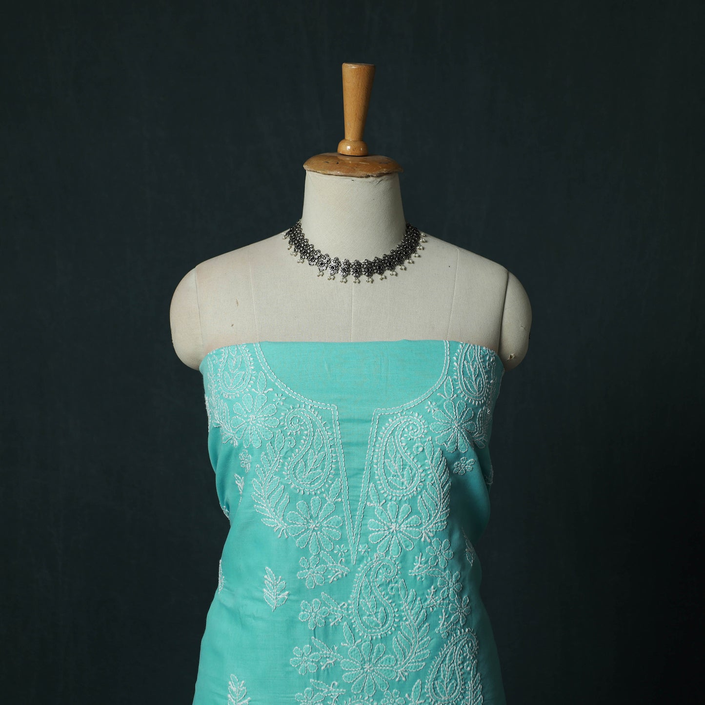 Blue - Lucknowi Chikankari Hand Embroidered Cotton 3pc Unstitched Dress Material Suit Set 28