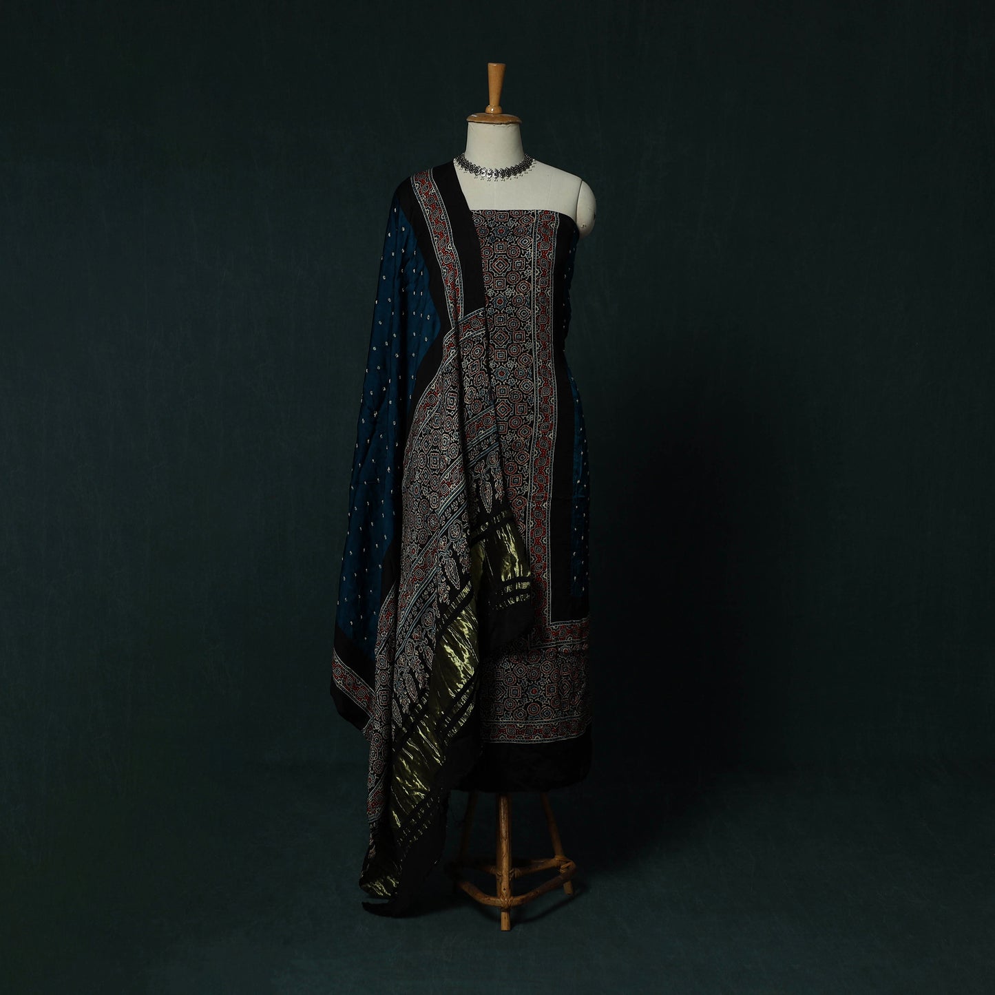 Kutch Ajrakh Bandhani Tie-Dye Modal Silk 3pc Unstitched Dress Material Suit Set 31