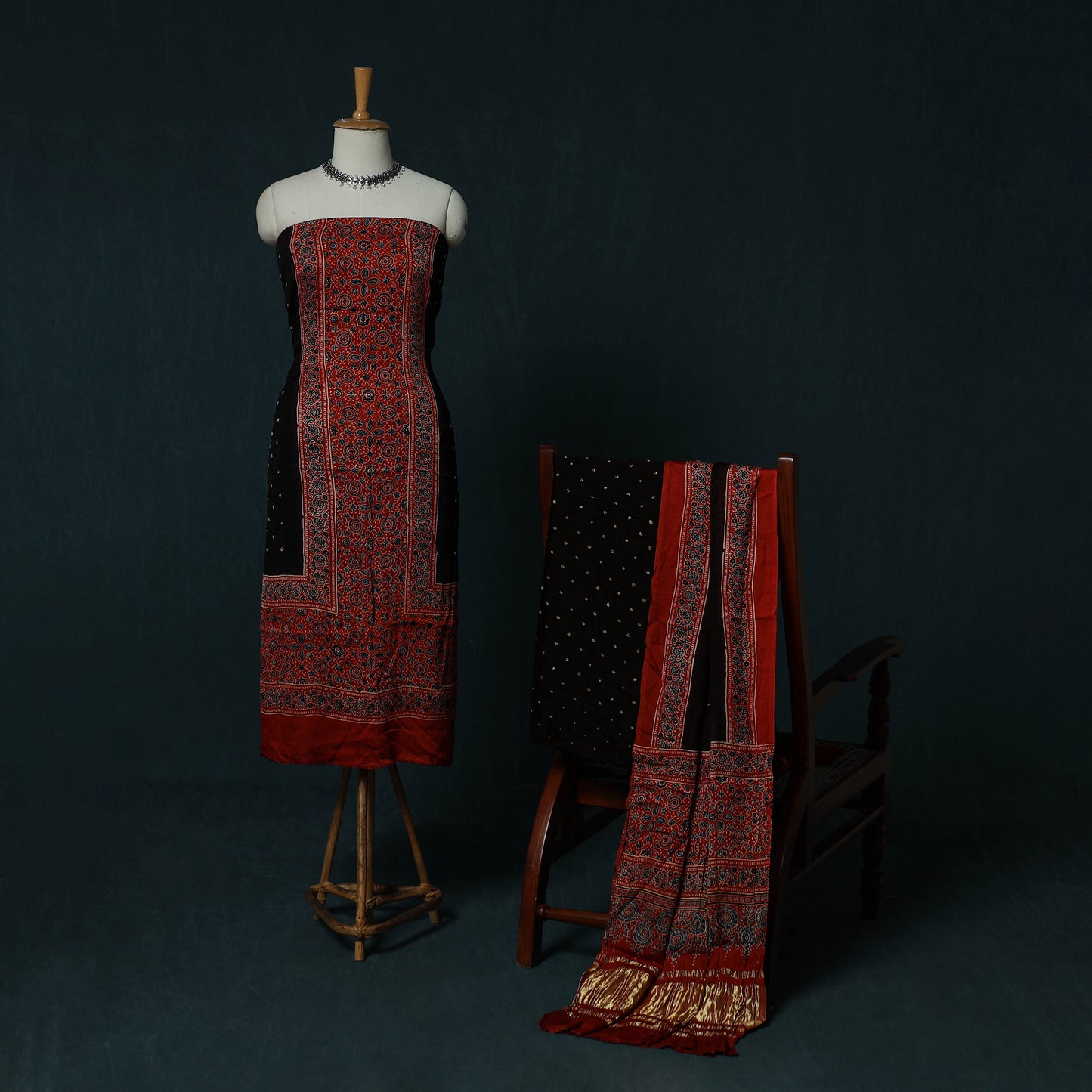 Kutch Ajrakh Bandhani Tie-Dye Modal Silk 3pc Unstitched Dress Material Suit Set 34