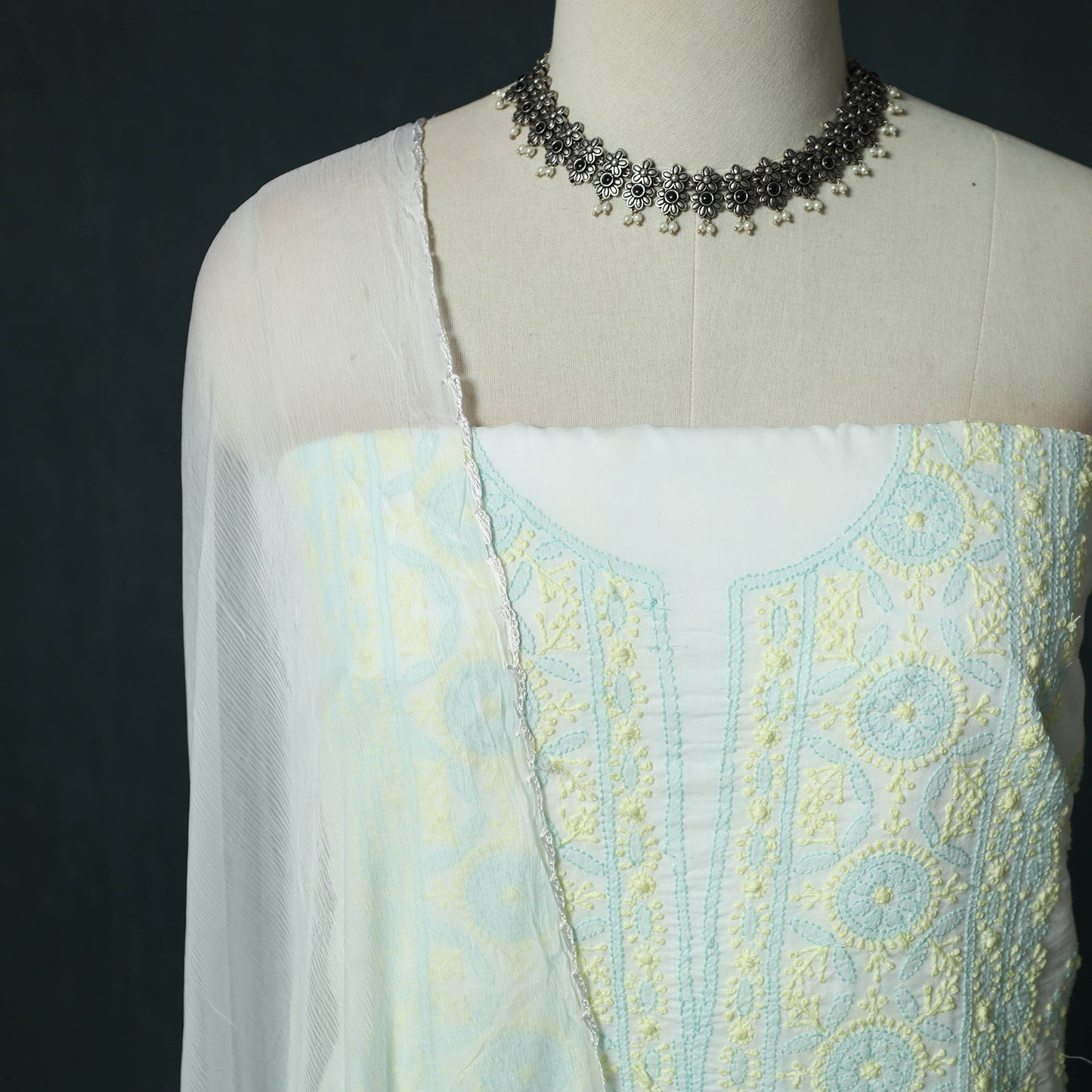 White - Lucknowi Chikankari Hand Embroidered Mul Cotton 3pc Unstitched Dress Material Suit Set 31