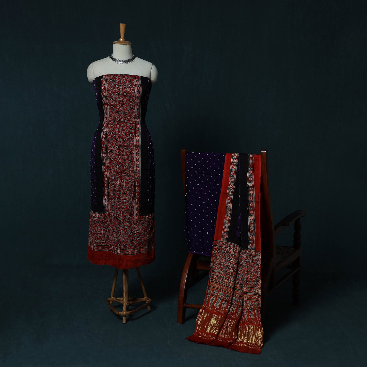 Kutch Ajrakh Bandhani Tie-Dye Modal Silk 3pc Unstitched Dress Material Suit Set 35