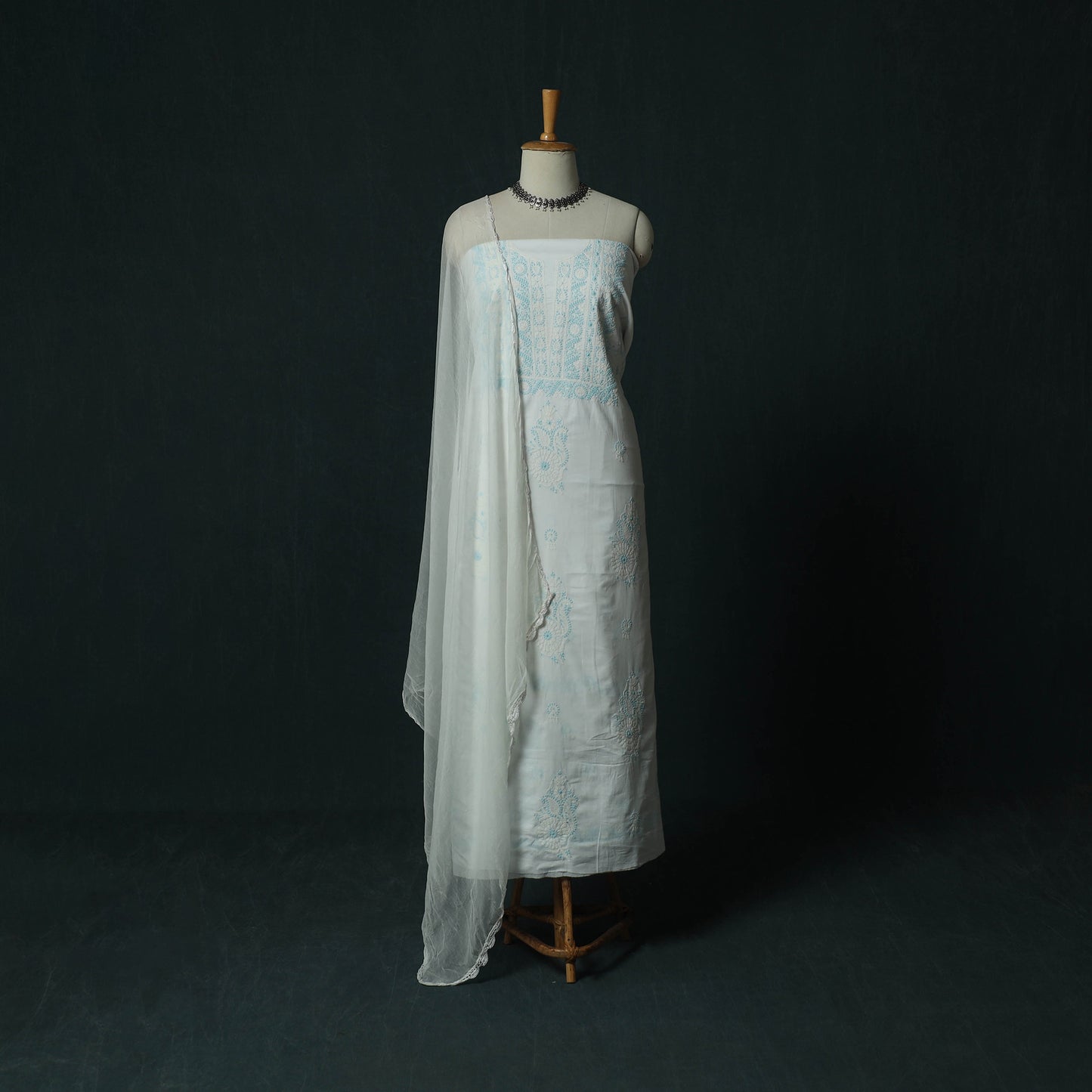 White - Lucknowi Chikankari Hand Embroidered Mul Cotton 3pc Unstitched Dress Material Suit Set 32