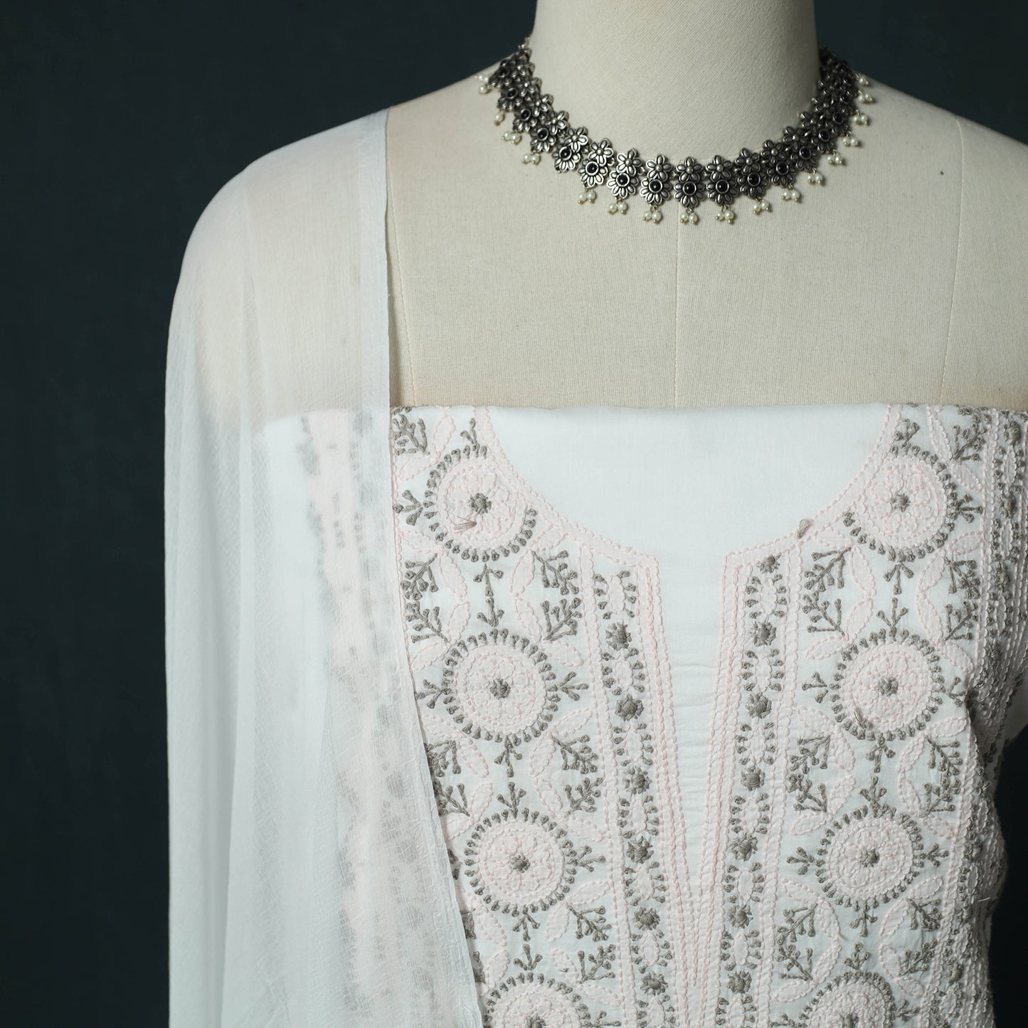 White - Lucknowi Chikankari Hand Embroidered Mul Cotton 3pc Unstitched Dress Material Suit Set 34