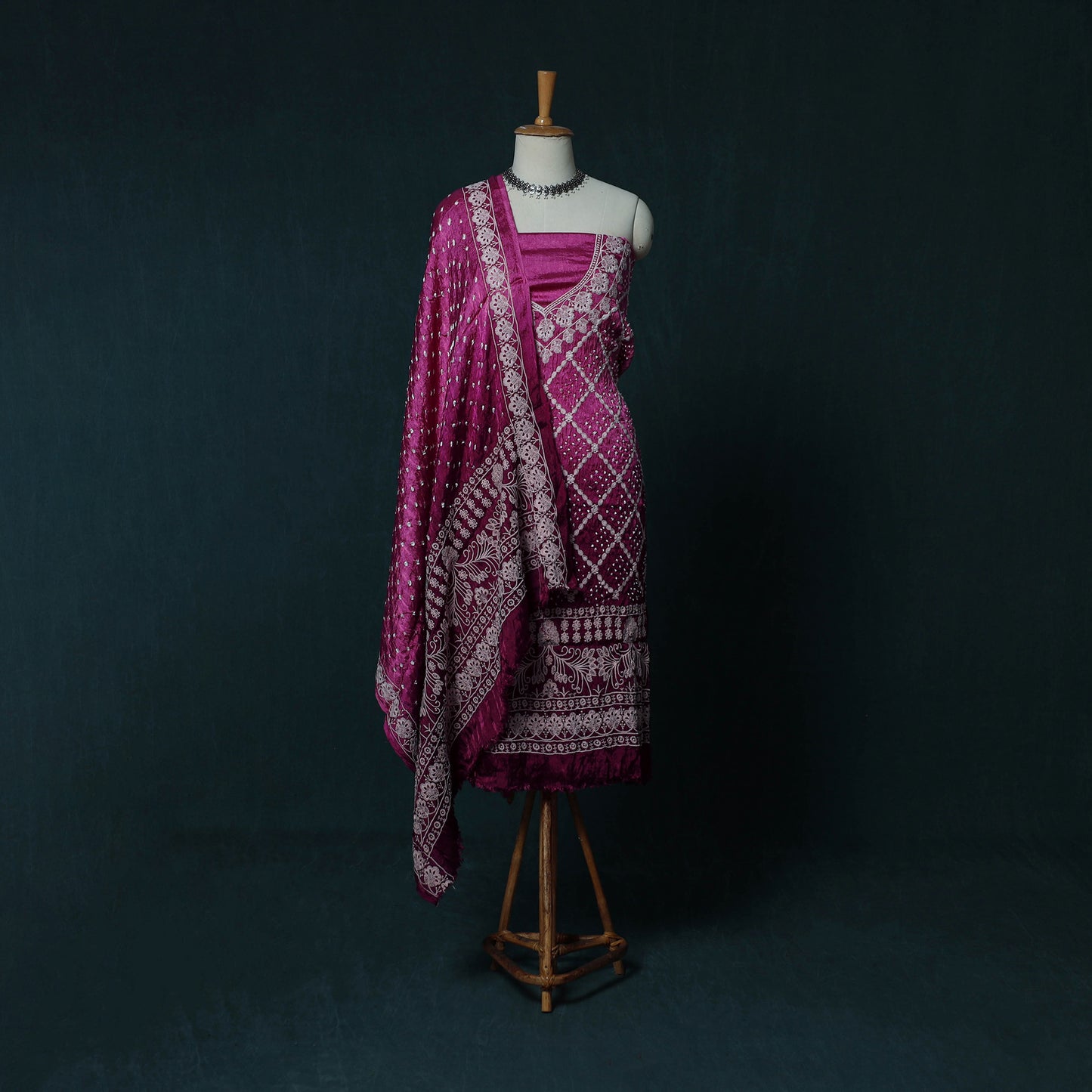 Kutch Bandhani Tie-Dye Modal Silk Embroidered 3pc Unstitched Dress Material Suit Set 24