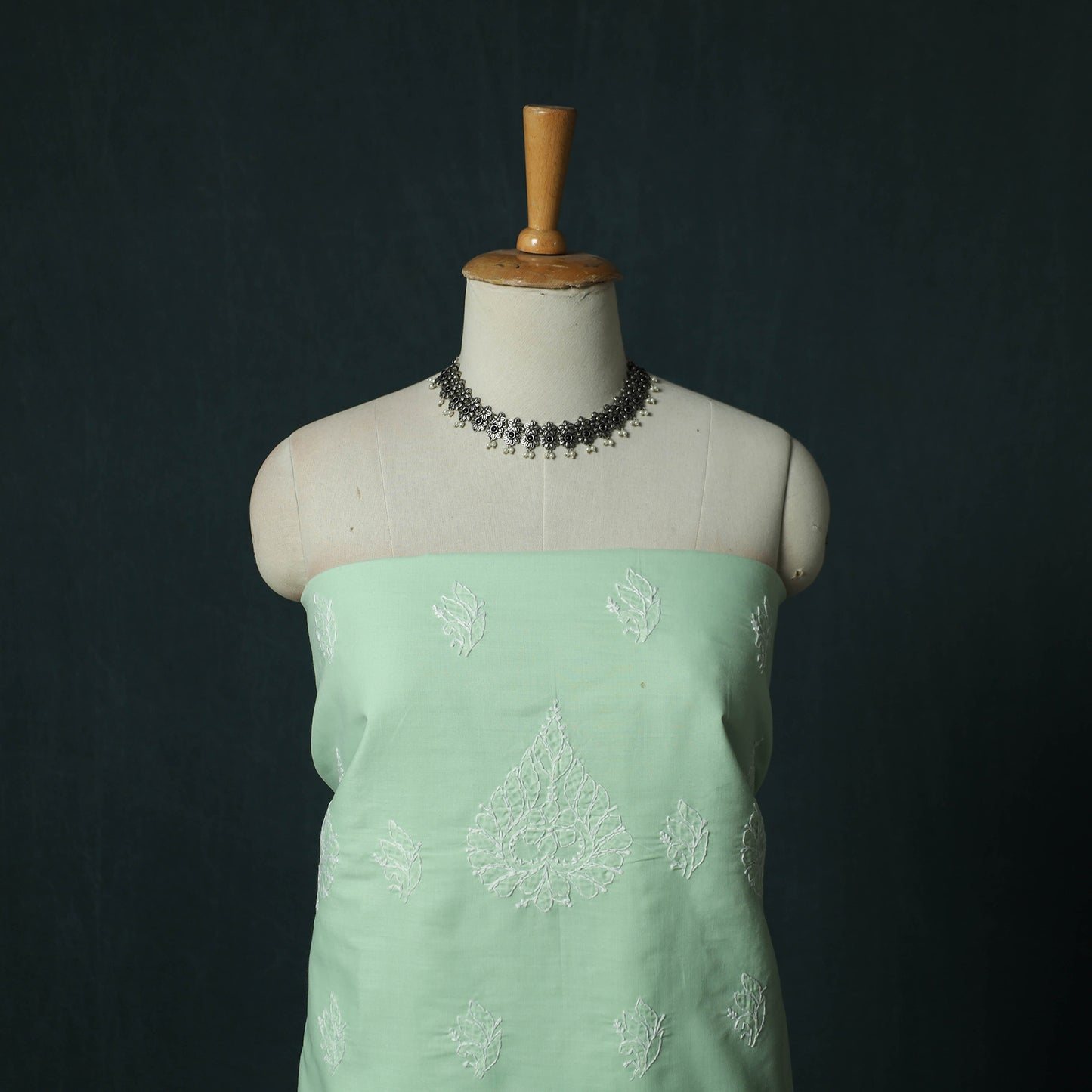 Green - Lucknowi Chikankari Hand Embroidered Cotton 3pc Unstitched Dress Material Suit Set 36