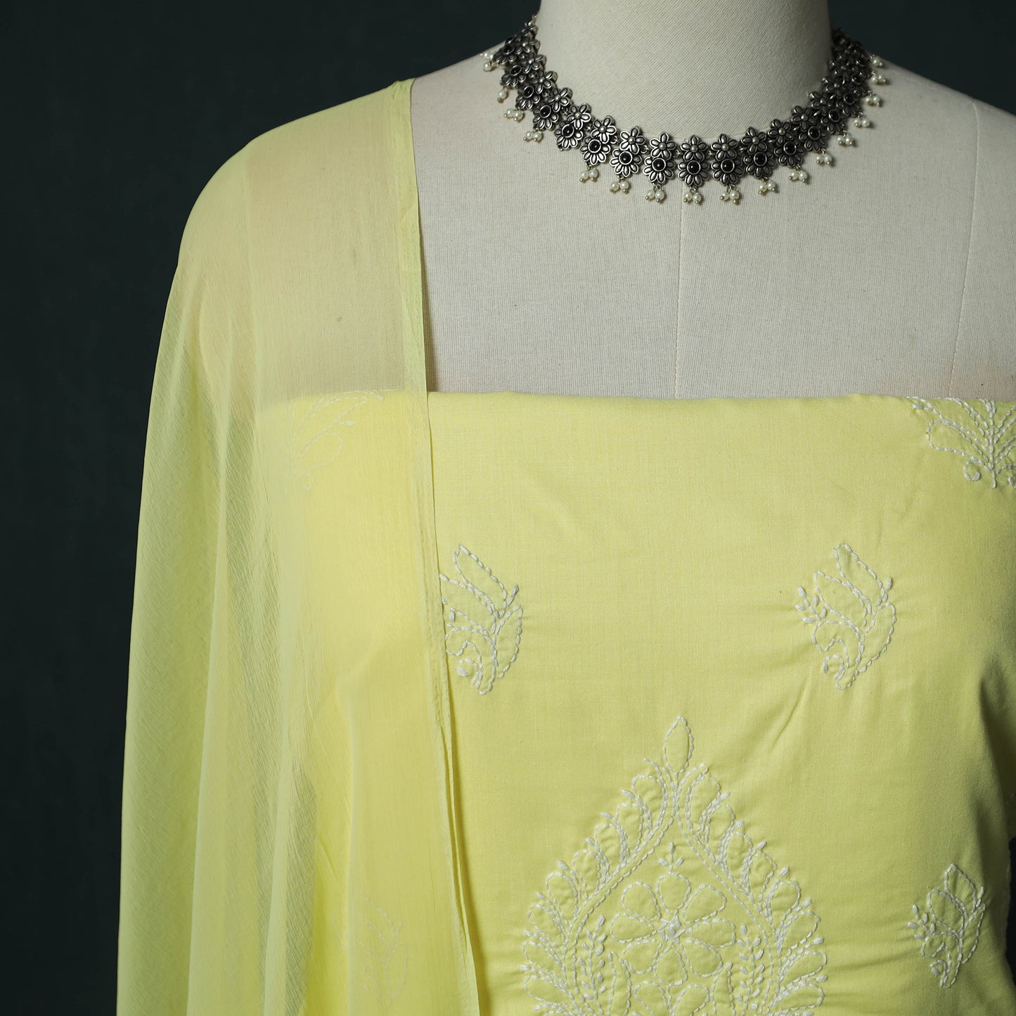 Yellow - Lucknowi Chikankari Hand Embroidered Cotton 3pc Unstitched Dress Material Suit Set 37