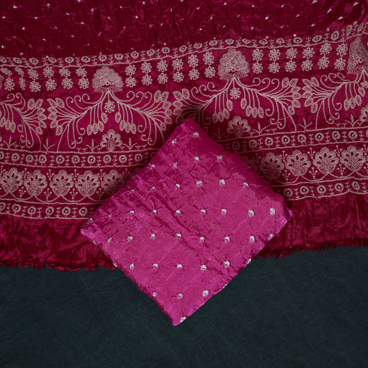 Kutch Bandhani Tie-Dye Modal Silk Embroidered 3pc Unstitched Dress Material Suit Set 27