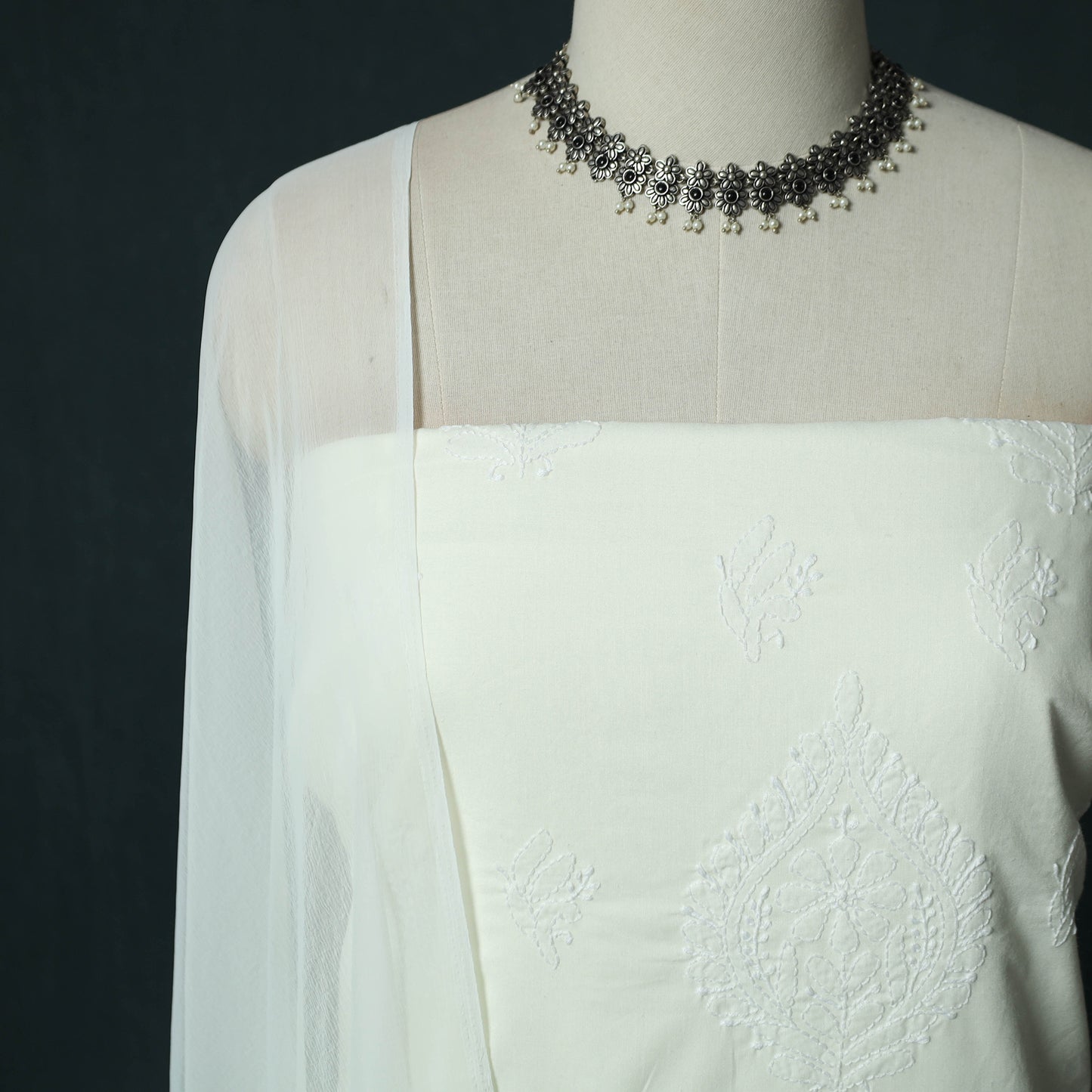White - Lucknowi Chikankari Hand Embroidered Cotton 3pc Unstitched Dress Material Suit Set 38