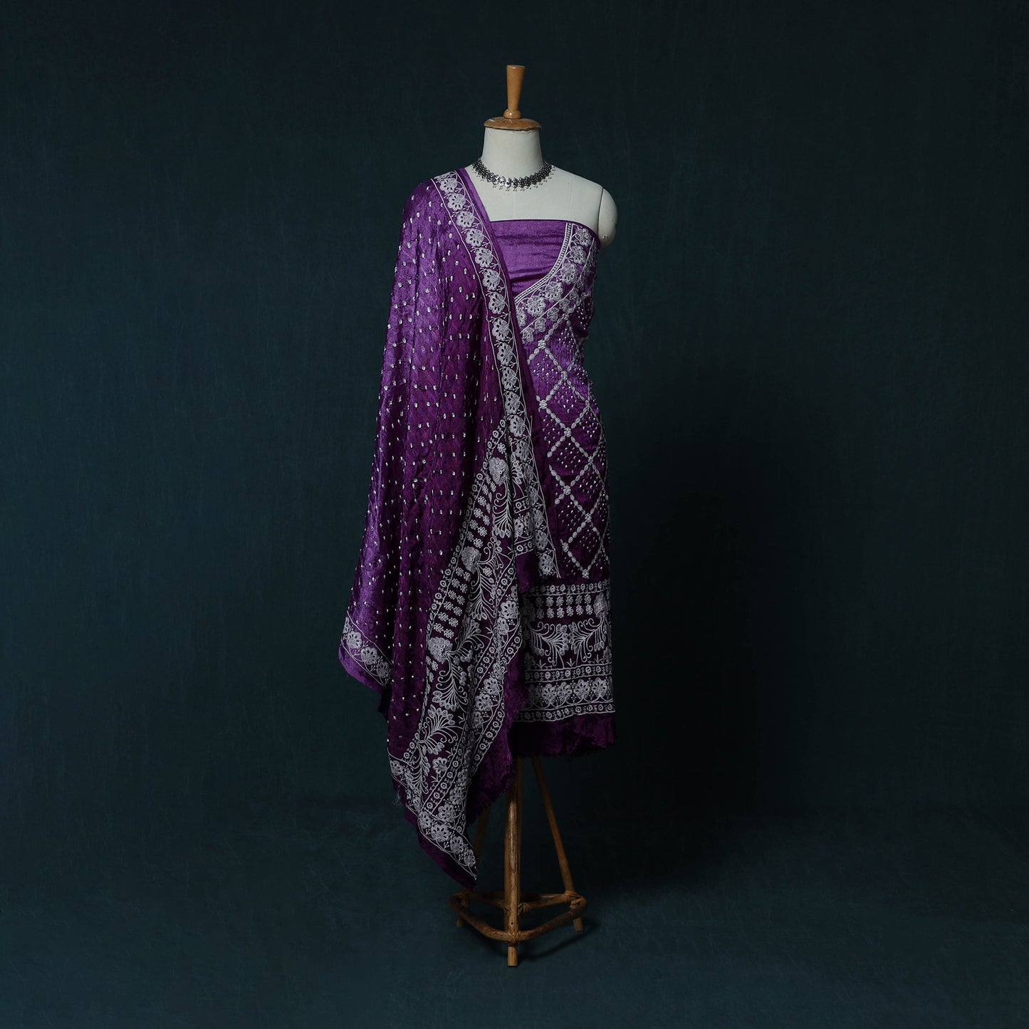 Kutch Bandhani Tie-Dye Modal Silk Embroidered 3pc Unstitched Dress Material Suit Set 29