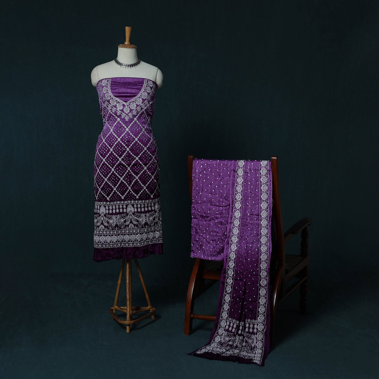 Kutch Bandhani Tie-Dye Modal Silk Embroidered 3pc Unstitched Dress Material Suit Set 29