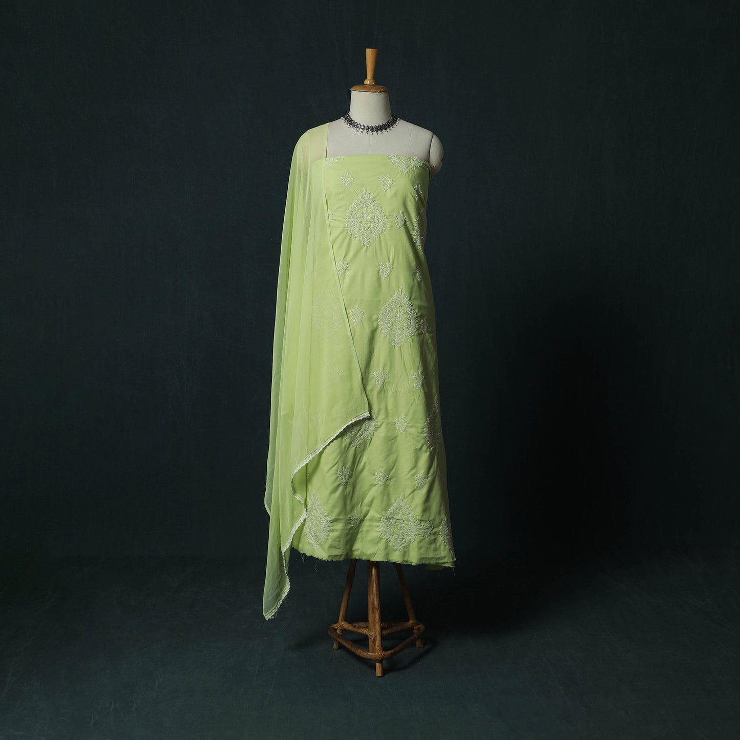 Green - Lucknowi Chikankari Hand Embroidered Cotton 3pc Unstitched Dress Material Suit Set 40